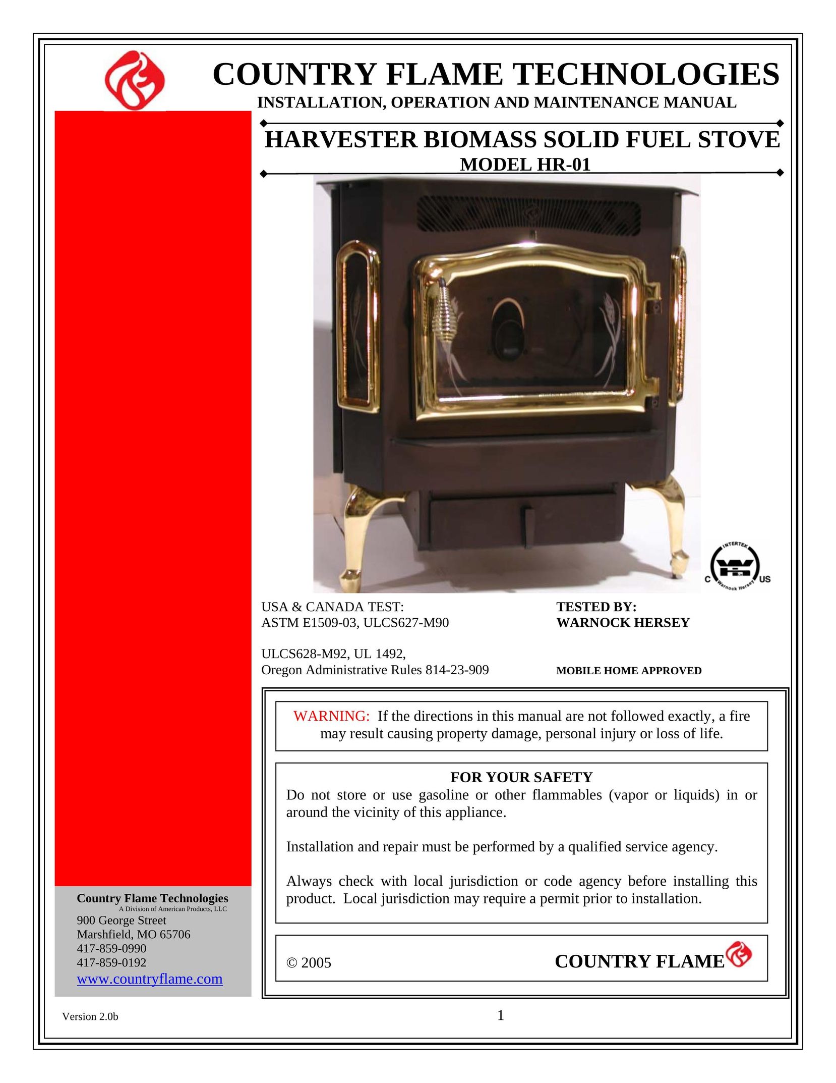 Country Flame HR-01 Stove User Manual