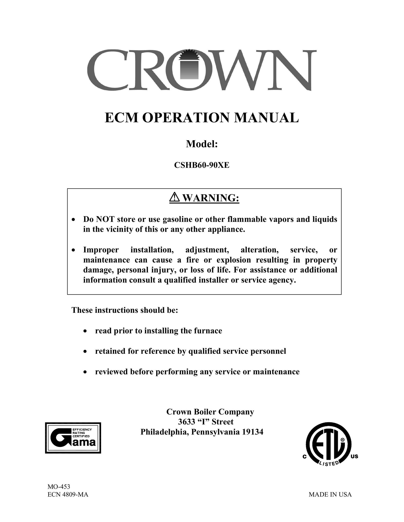 Crown CSHB60-90XE Stove User Manual