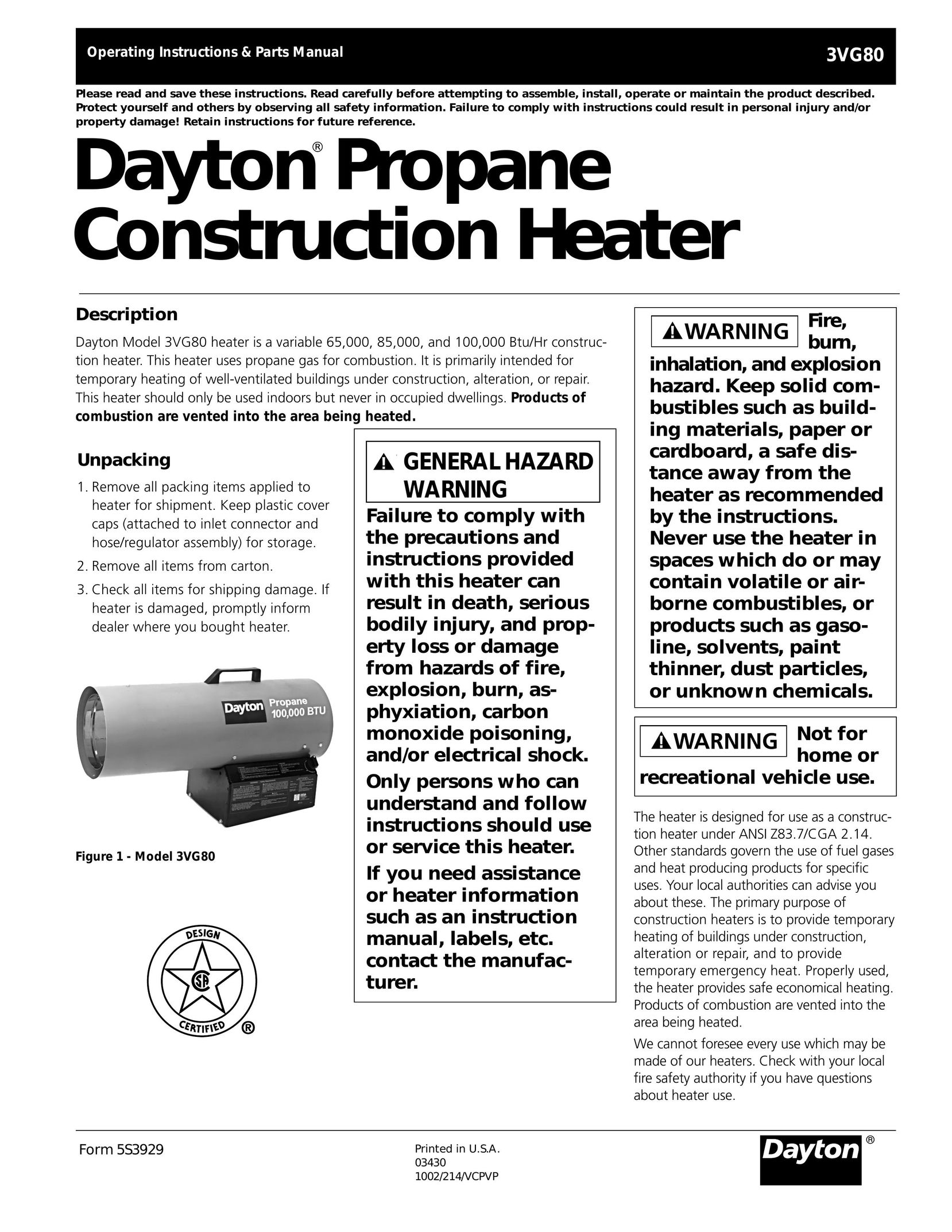 Dayton 3VG80 Stove User Manual