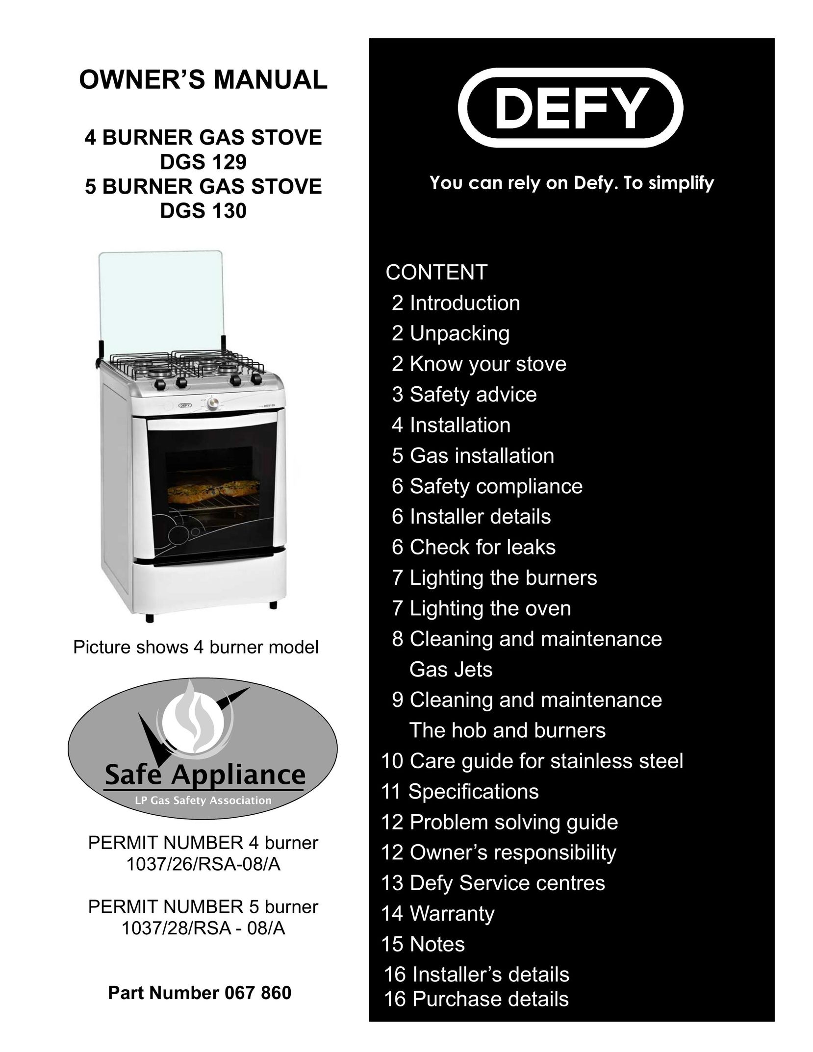 Defy Appliances DGS 129 Stove User Manual