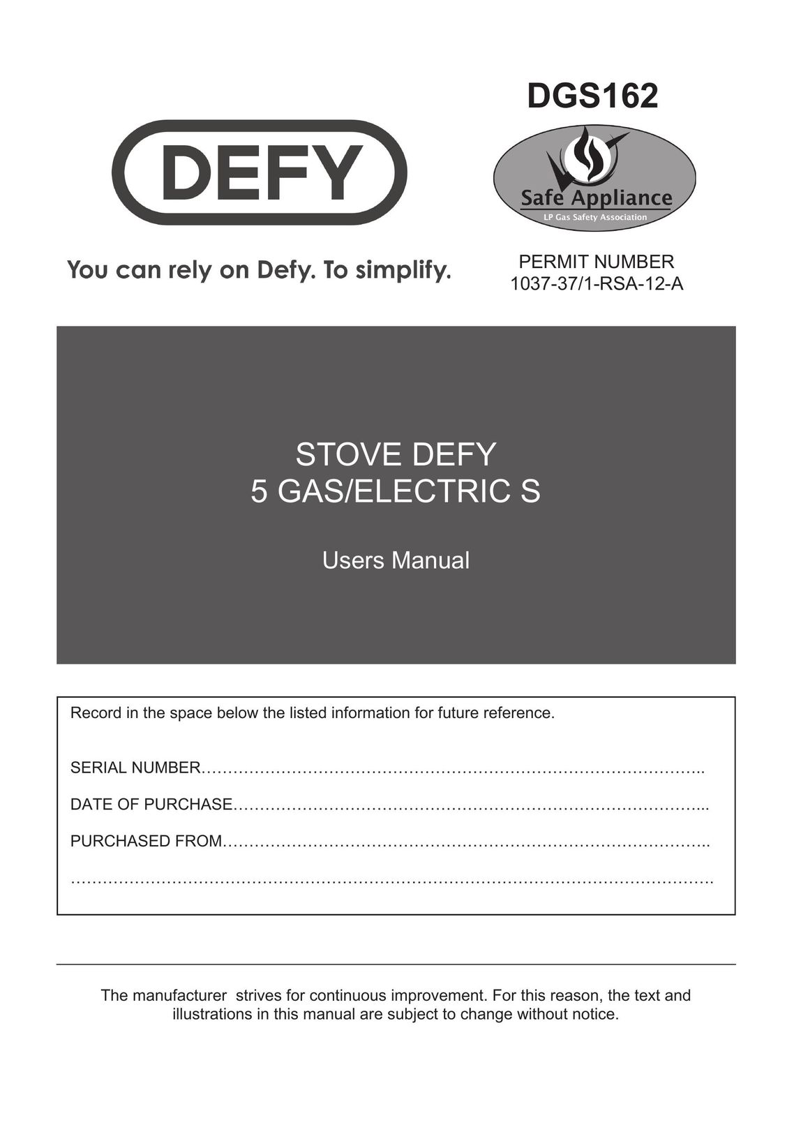 Defy Appliances DGS162 Stove User Manual