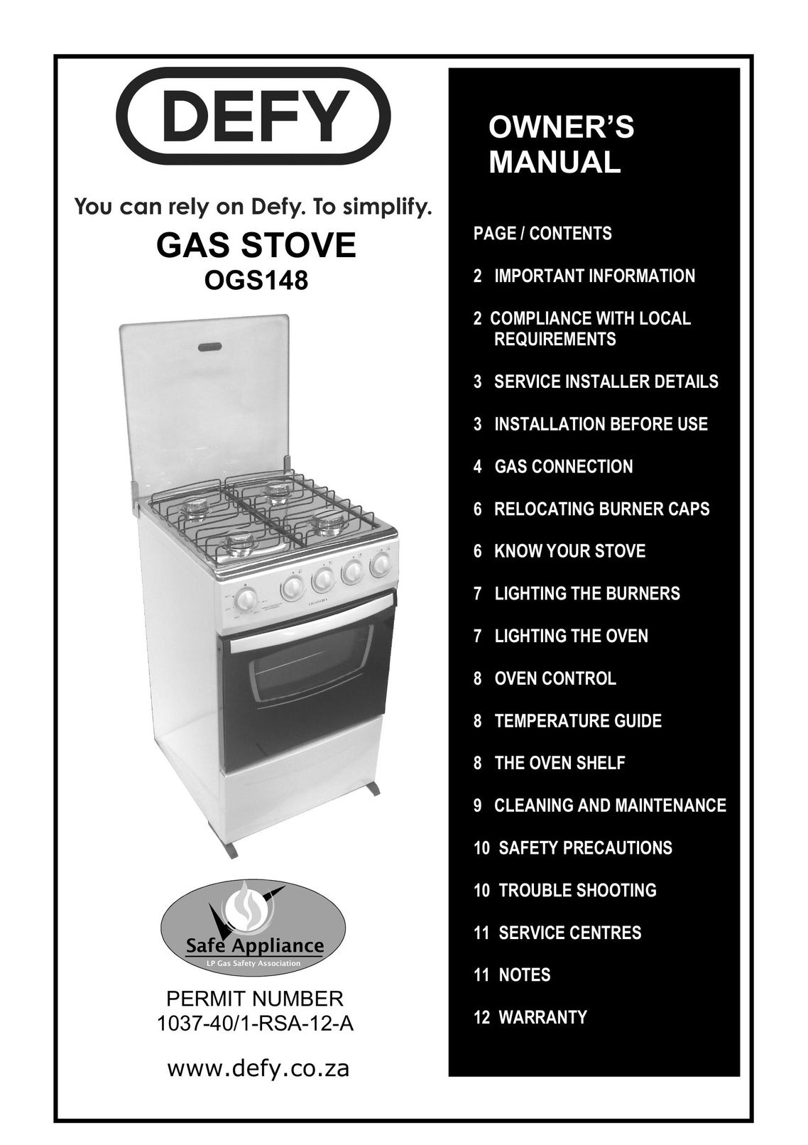 Defy Appliances OGS148 Stove User Manual