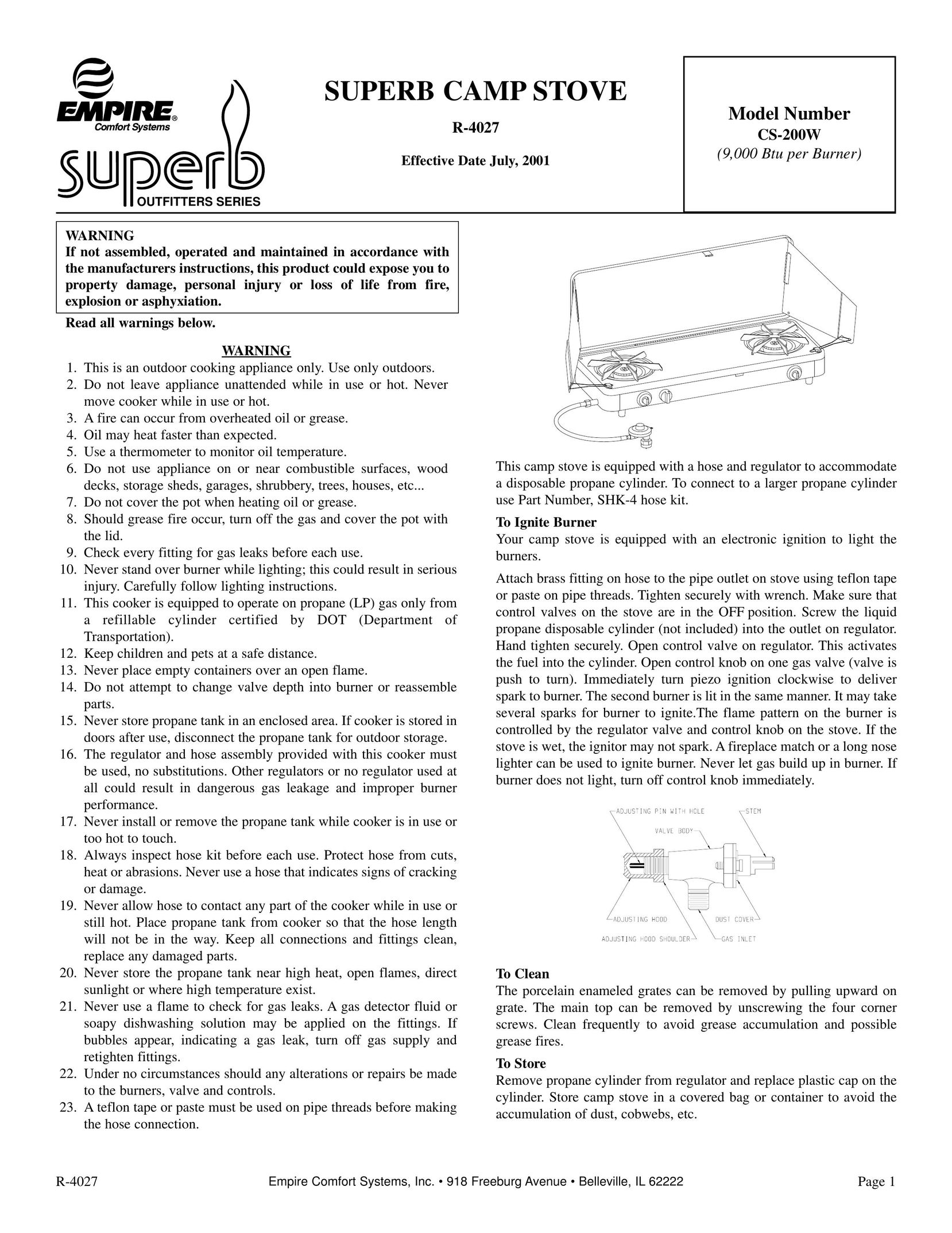 Empire Comfort Systems CS200W Stove User Manual