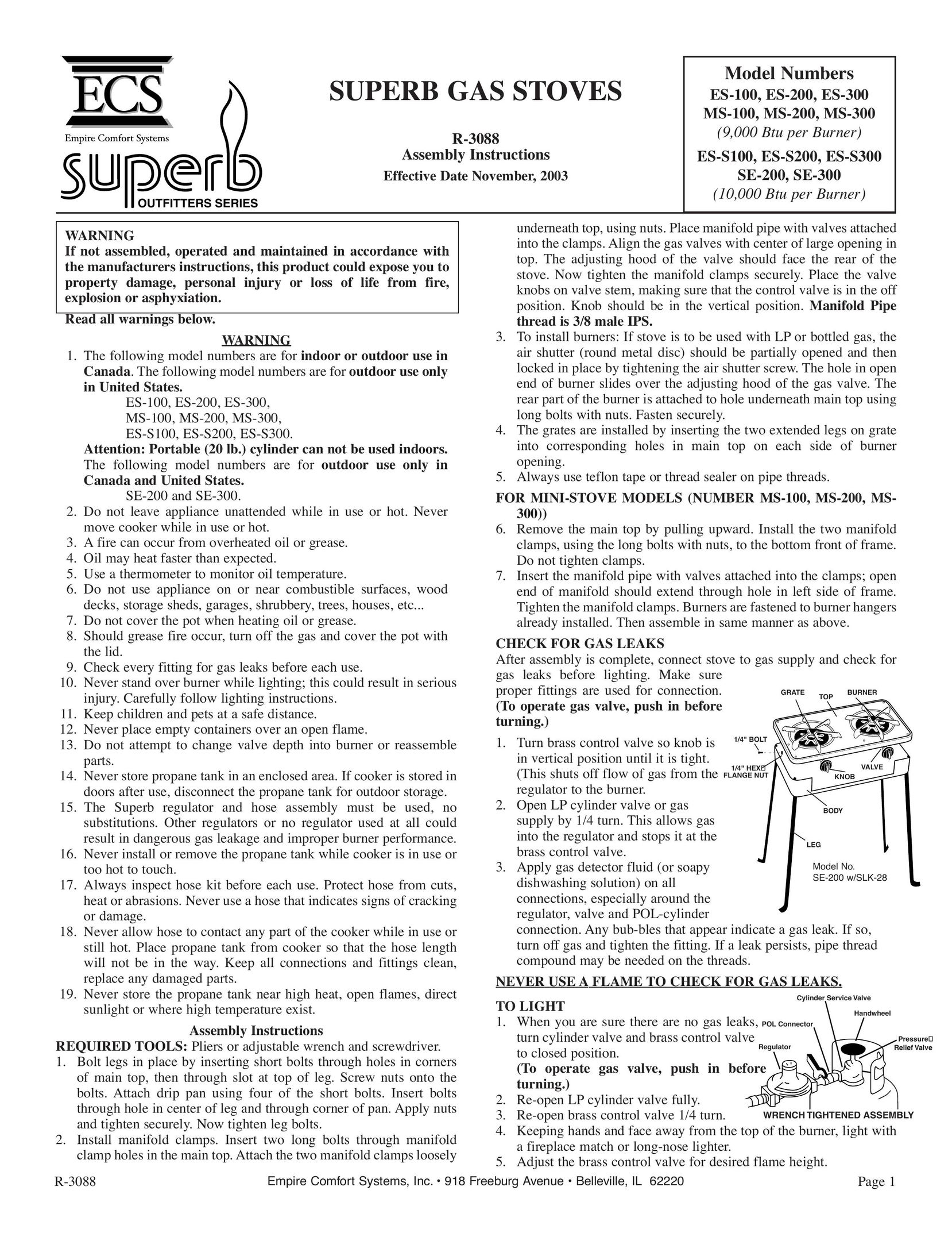 Empire Comfort Systems ES-S100 Stove User Manual