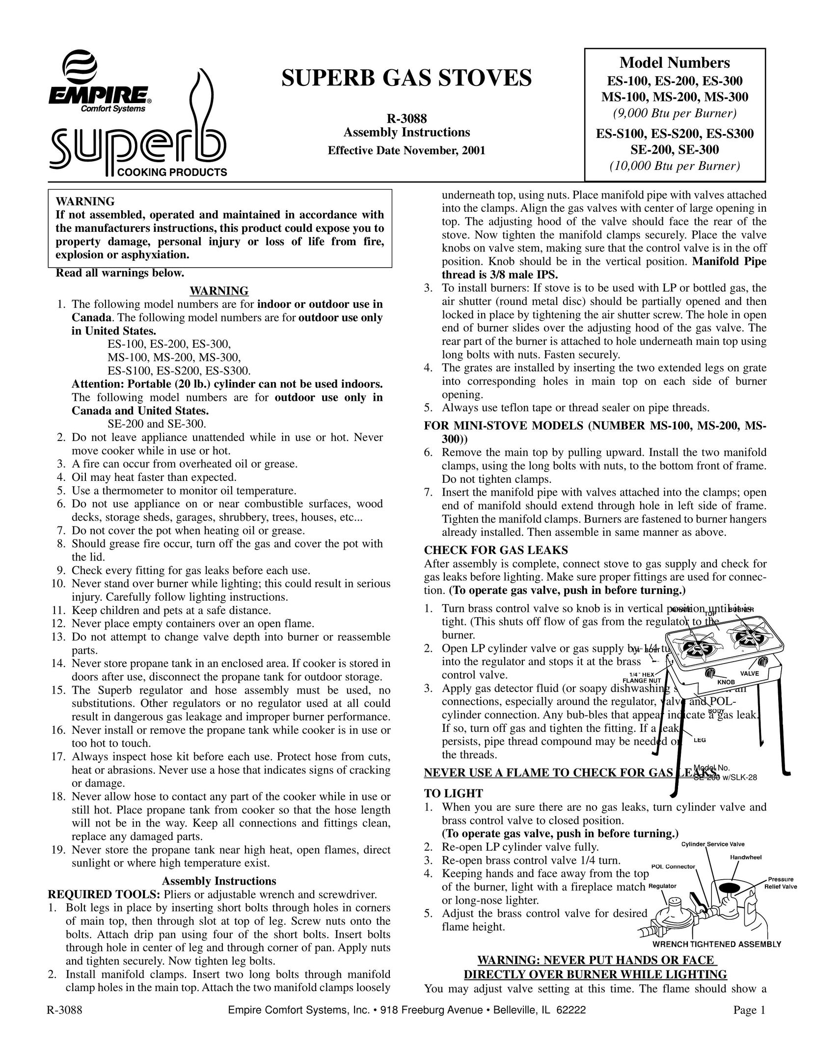 Empire Comfort Systems MS-100 Stove User Manual