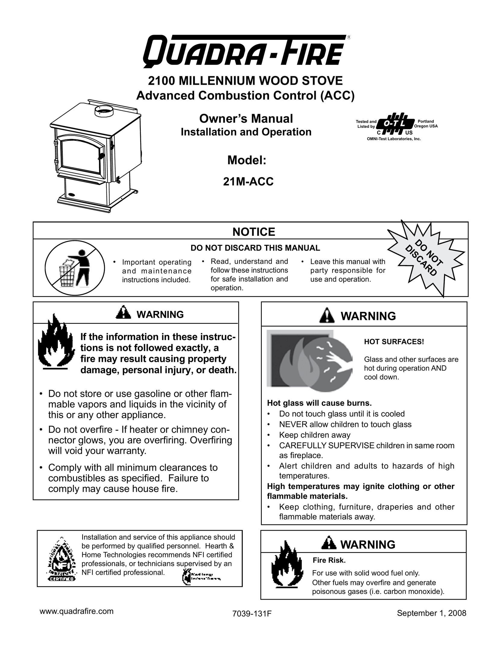 Hearth and Home Technologies 21M-ACC Stove User Manual