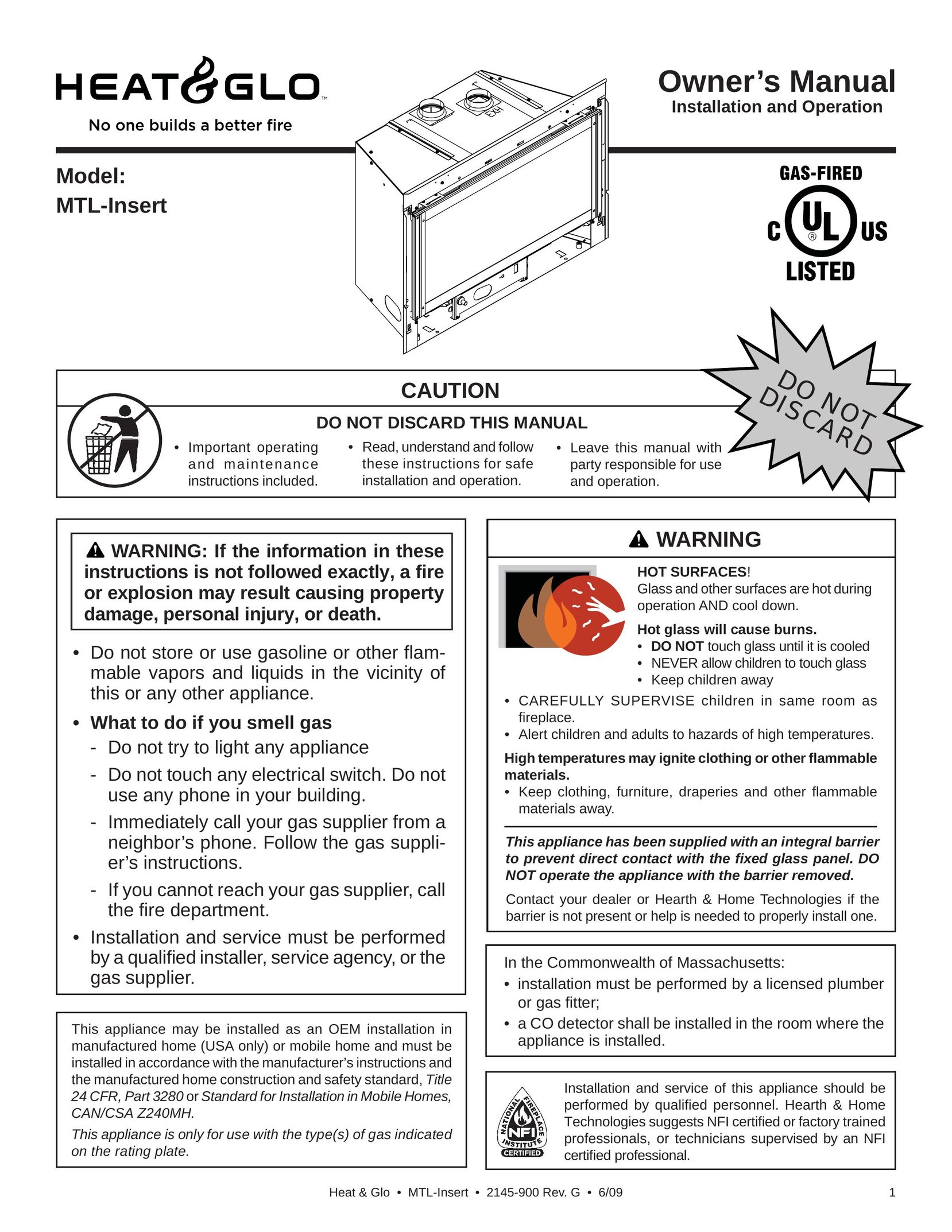 Heat & Glo LifeStyle MTL-INSERT Stove User Manual