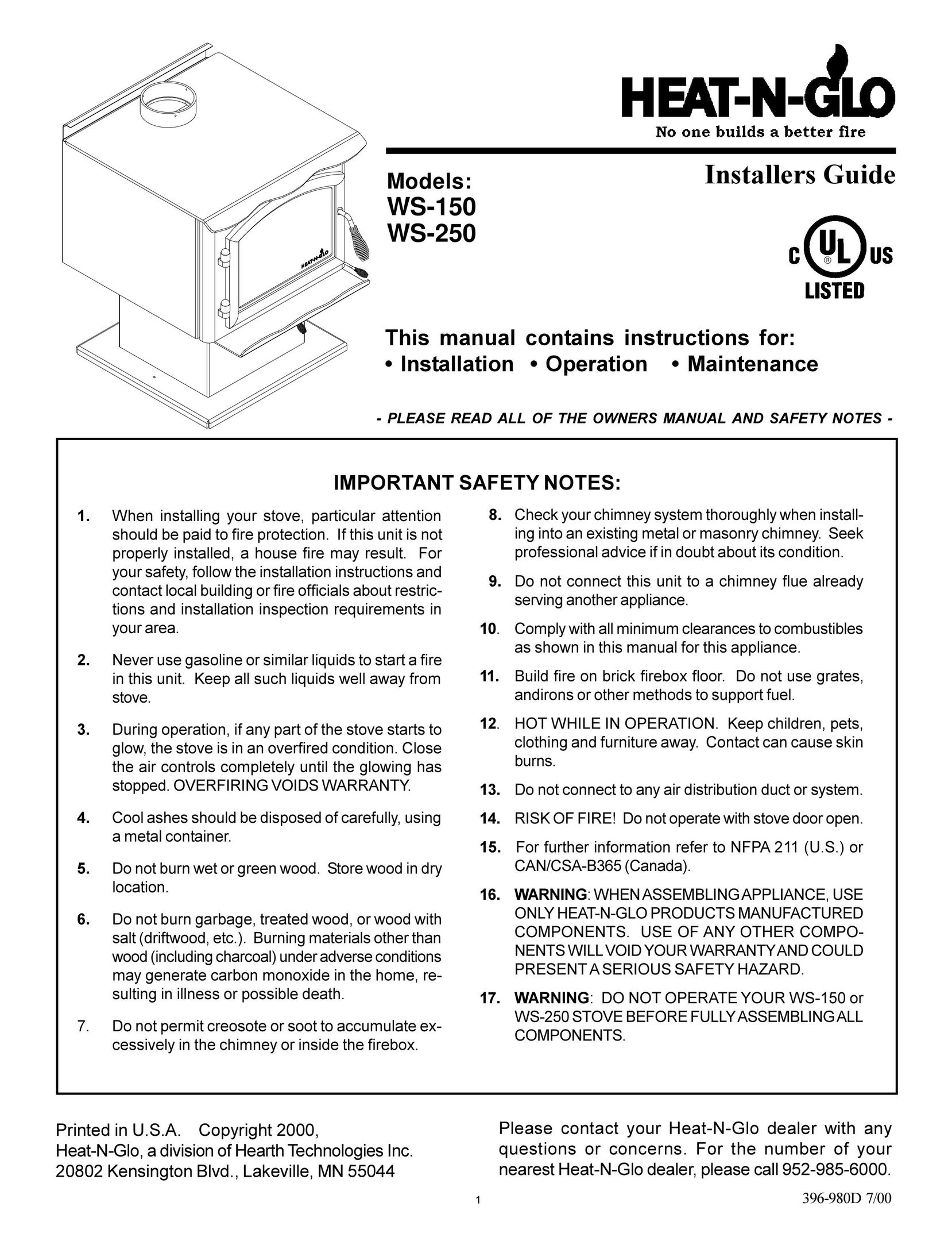 Heat & Glo LifeStyle WS-150 Stove User Manual
