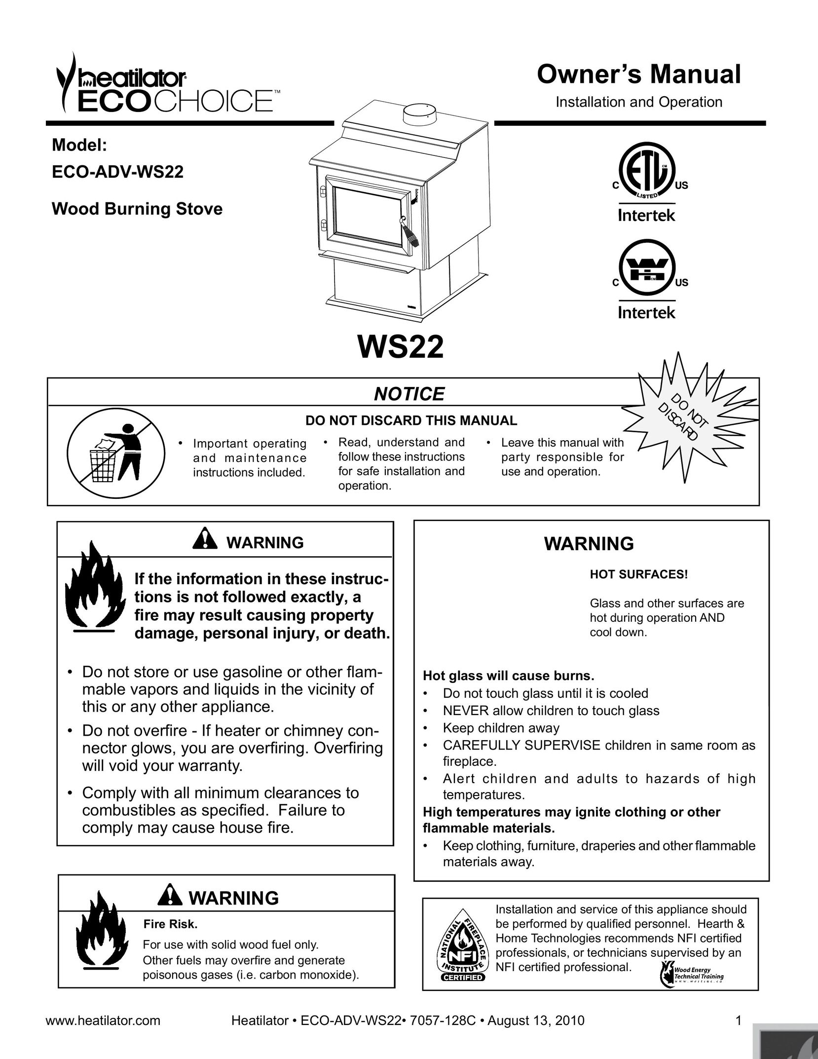 Heatiator ECO-ADV-WS22 Stove User Manual