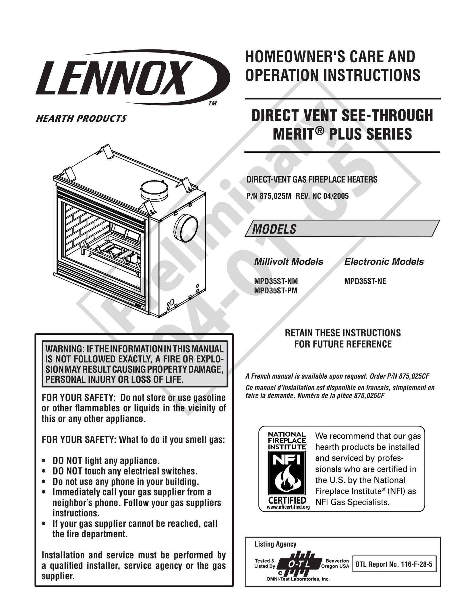 Lennox Hearth MPD35ST-NM Stove User Manual