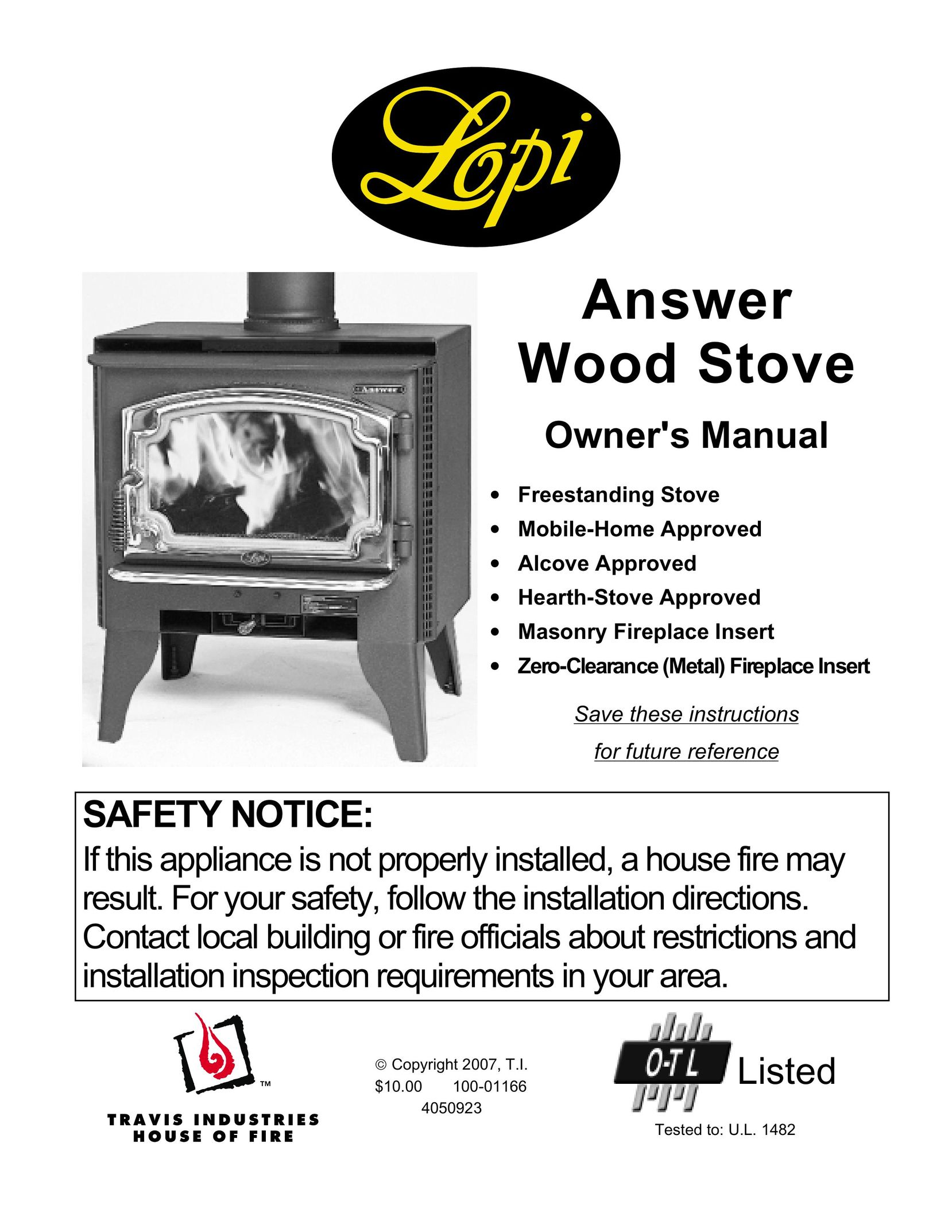 Lopi Answer Wood Stove Stove User Manual