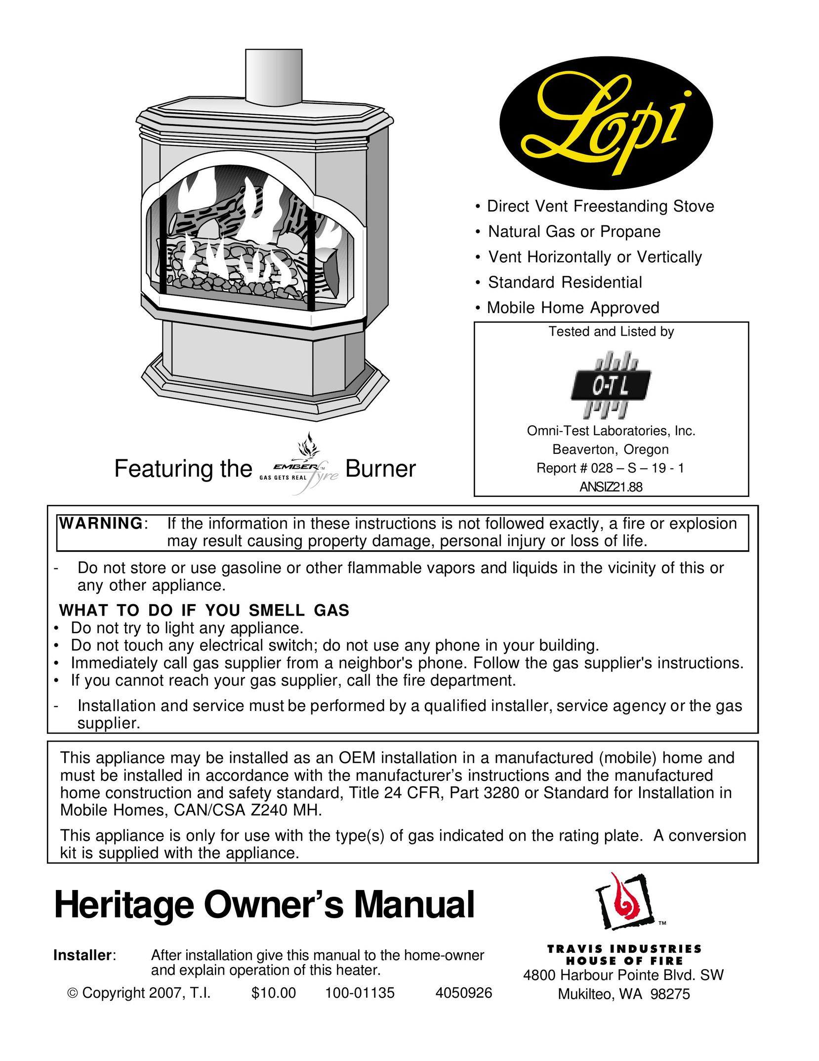 Lopi Direct Vent Freestanding Stove Stove User Manual