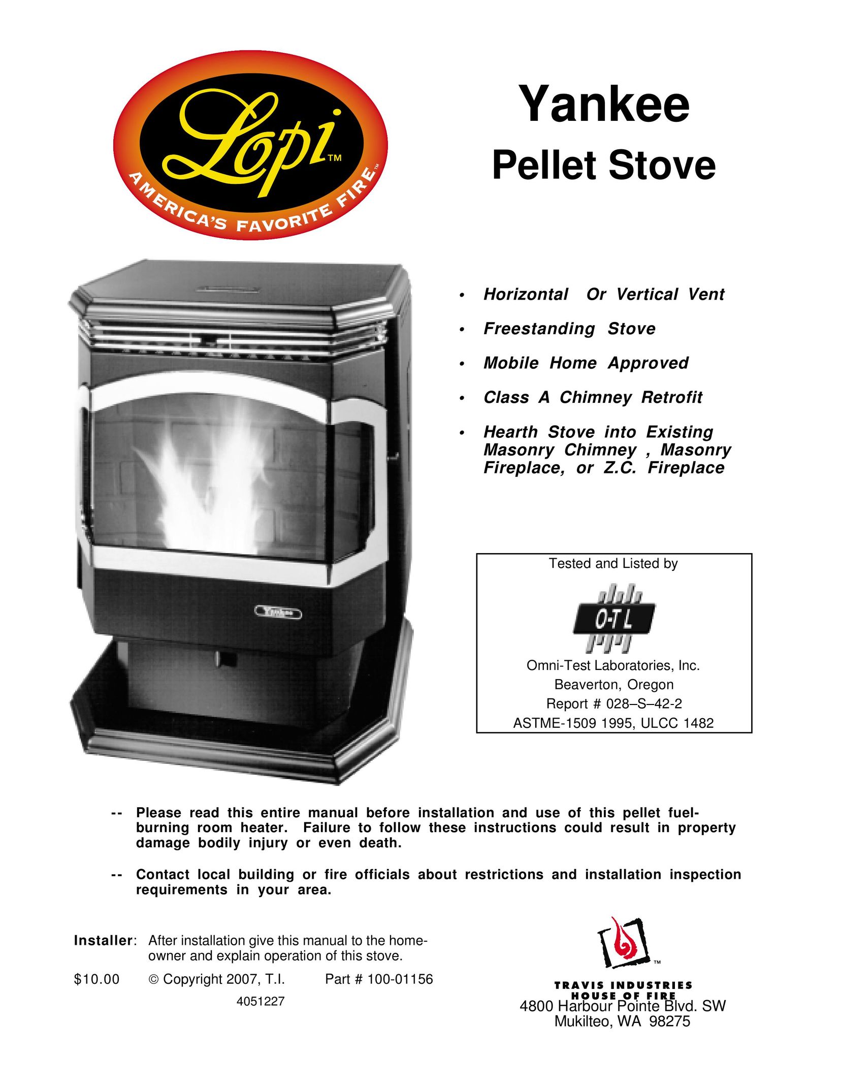 Lopi Horizontal Or Vertical Vent Freestanding Stove Yankee Pellet Stove Stove User Manual