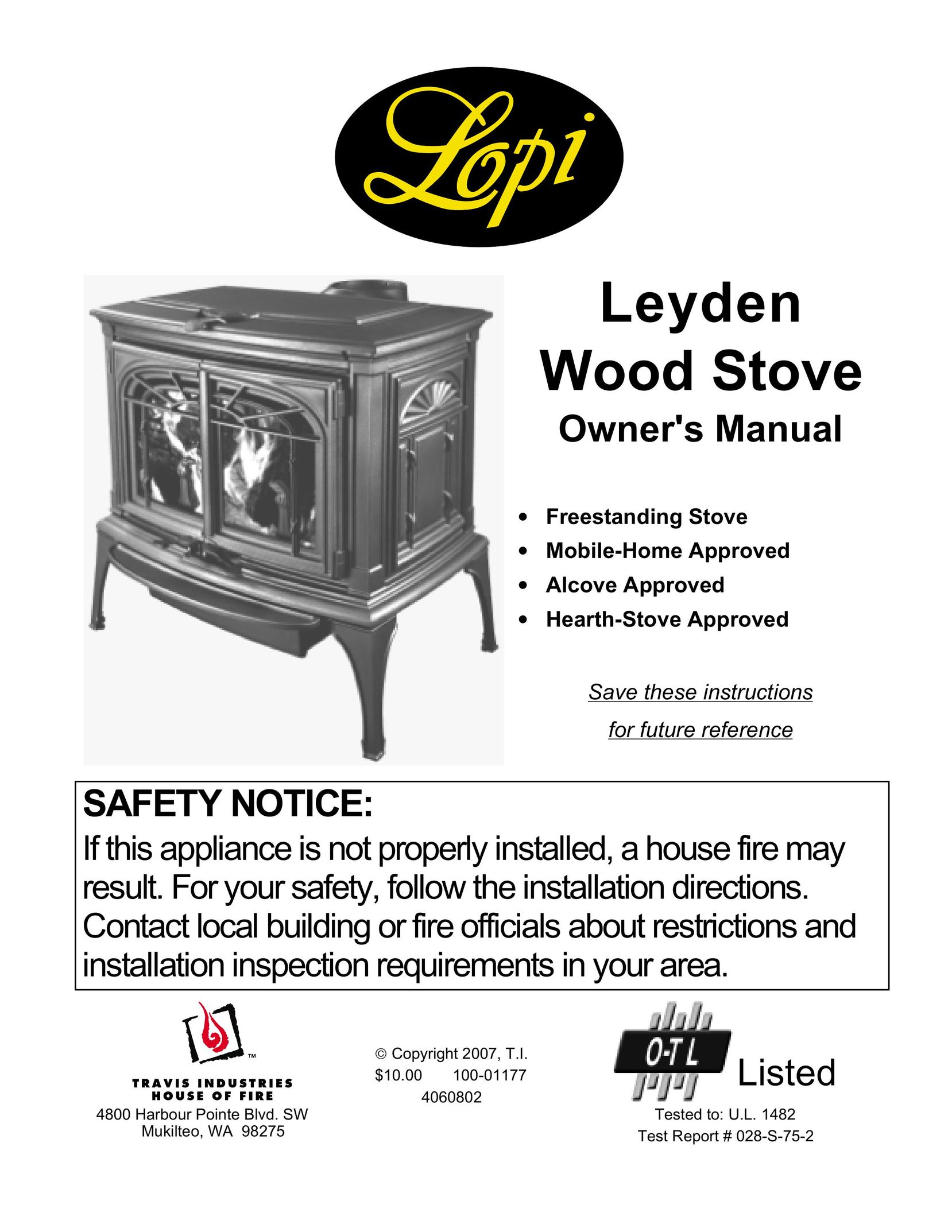 Lopi Leyden Wood Stove Stove User Manual