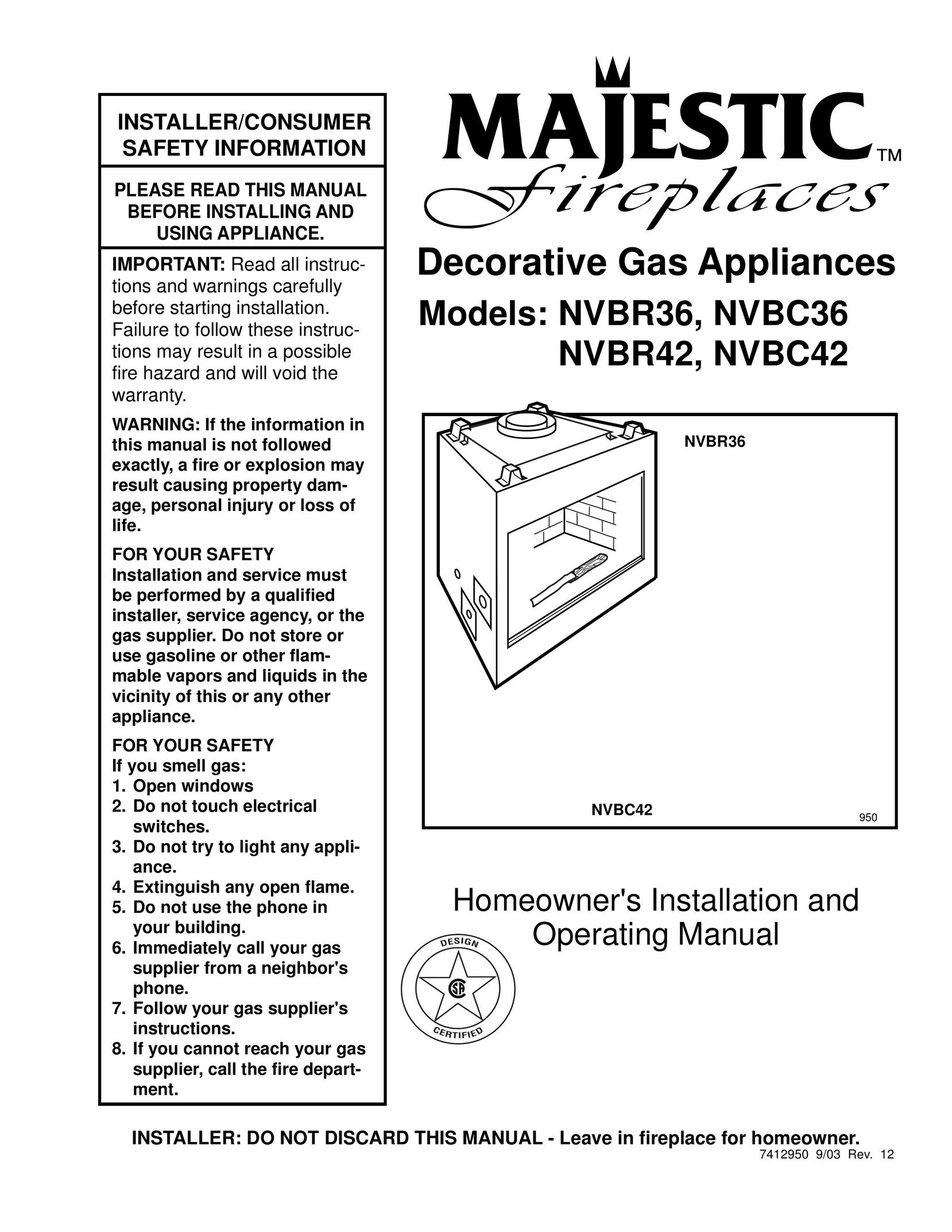Majestic Appliances NVBR42 Stove User Manual