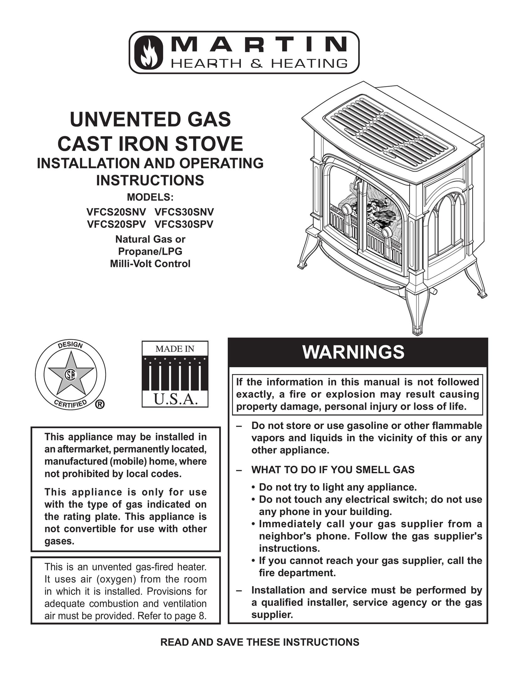 Martin Fireplaces VFCS20SNV Stove User Manual