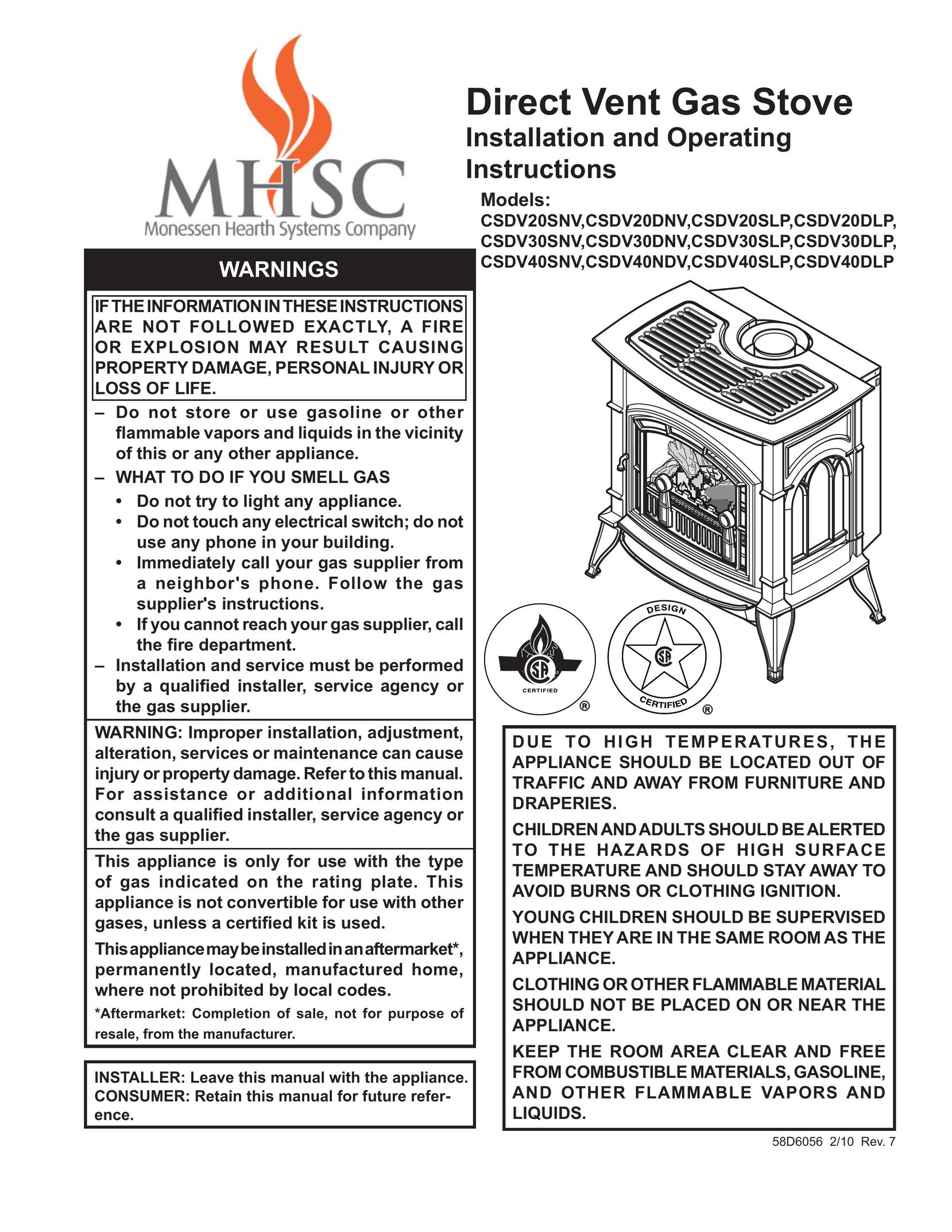 Monessen Hearth CSDV20SNV Stove User Manual