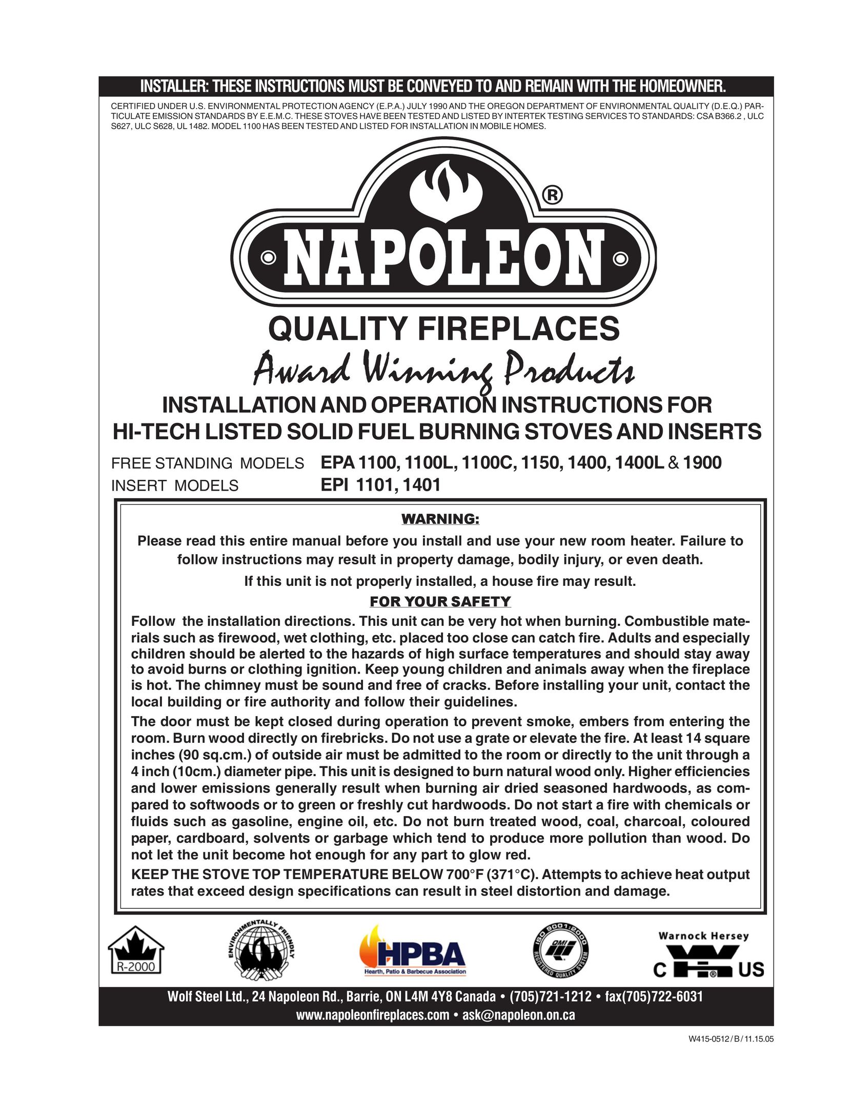 Napoleon Fireplaces 1100C Stove User Manual