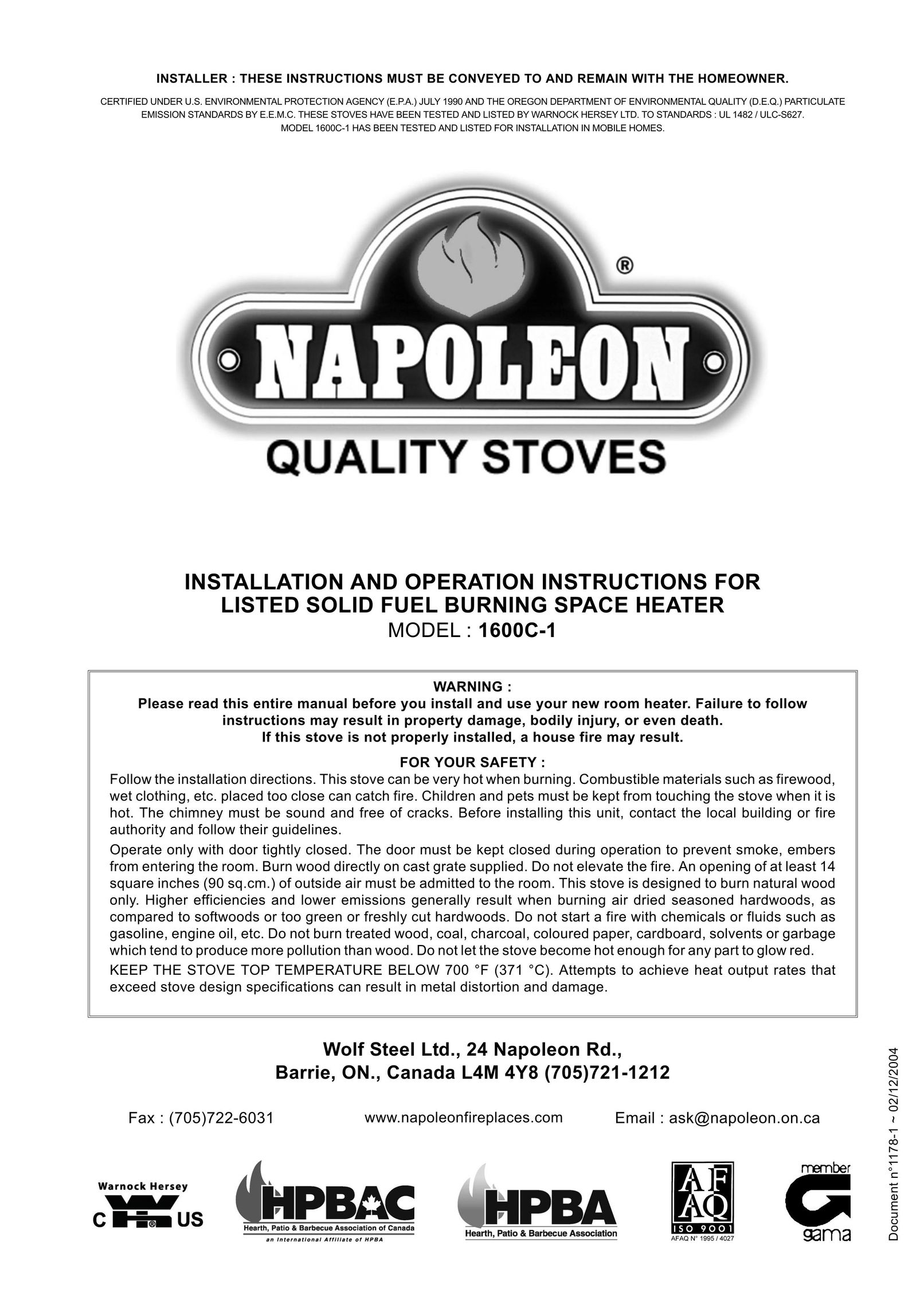 Napoleon Fireplaces 1600C-1 Stove User Manual