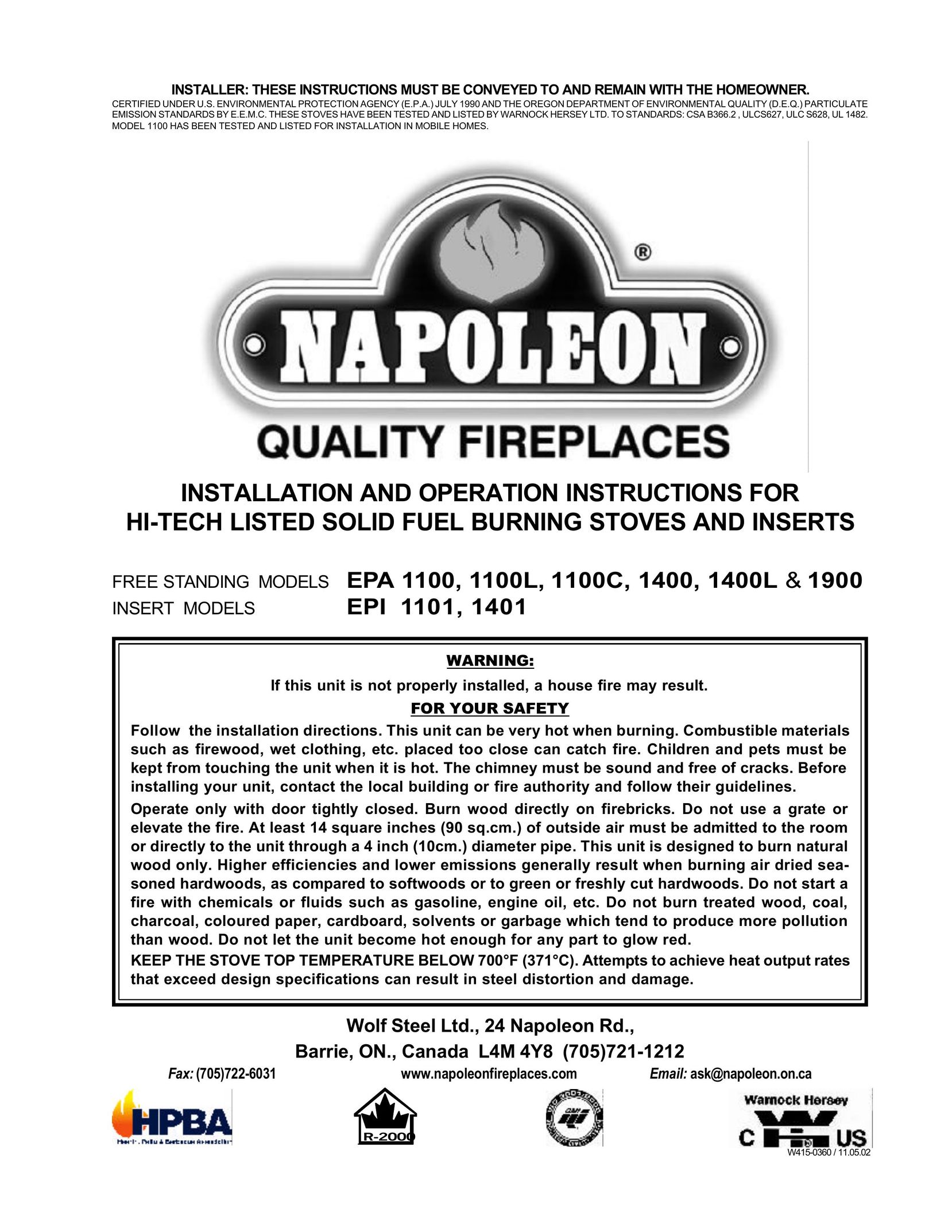 Napoleon Fireplaces EPA 1100 Stove User Manual