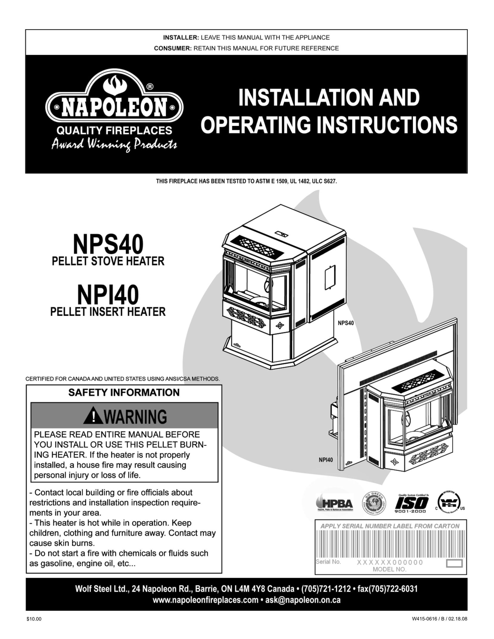 Napoleon Fireplaces NPS40 Stove User Manual