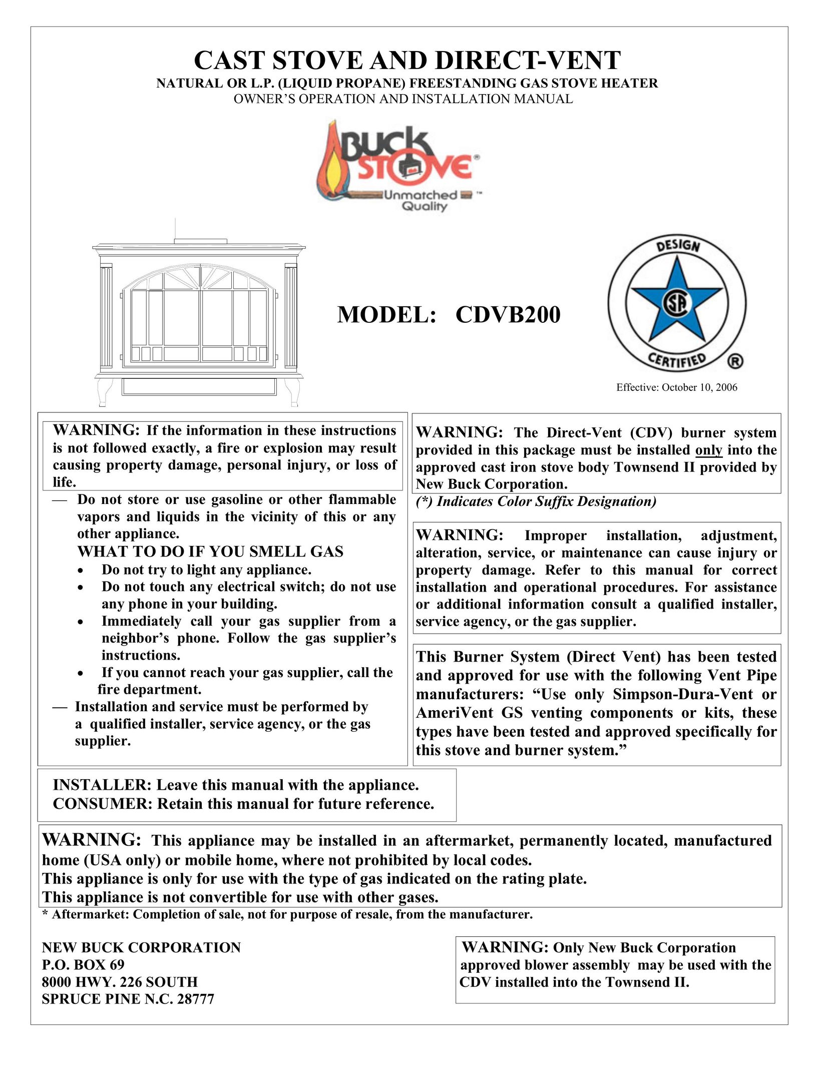 New Buck Corporation CDVB200 Stove User Manual