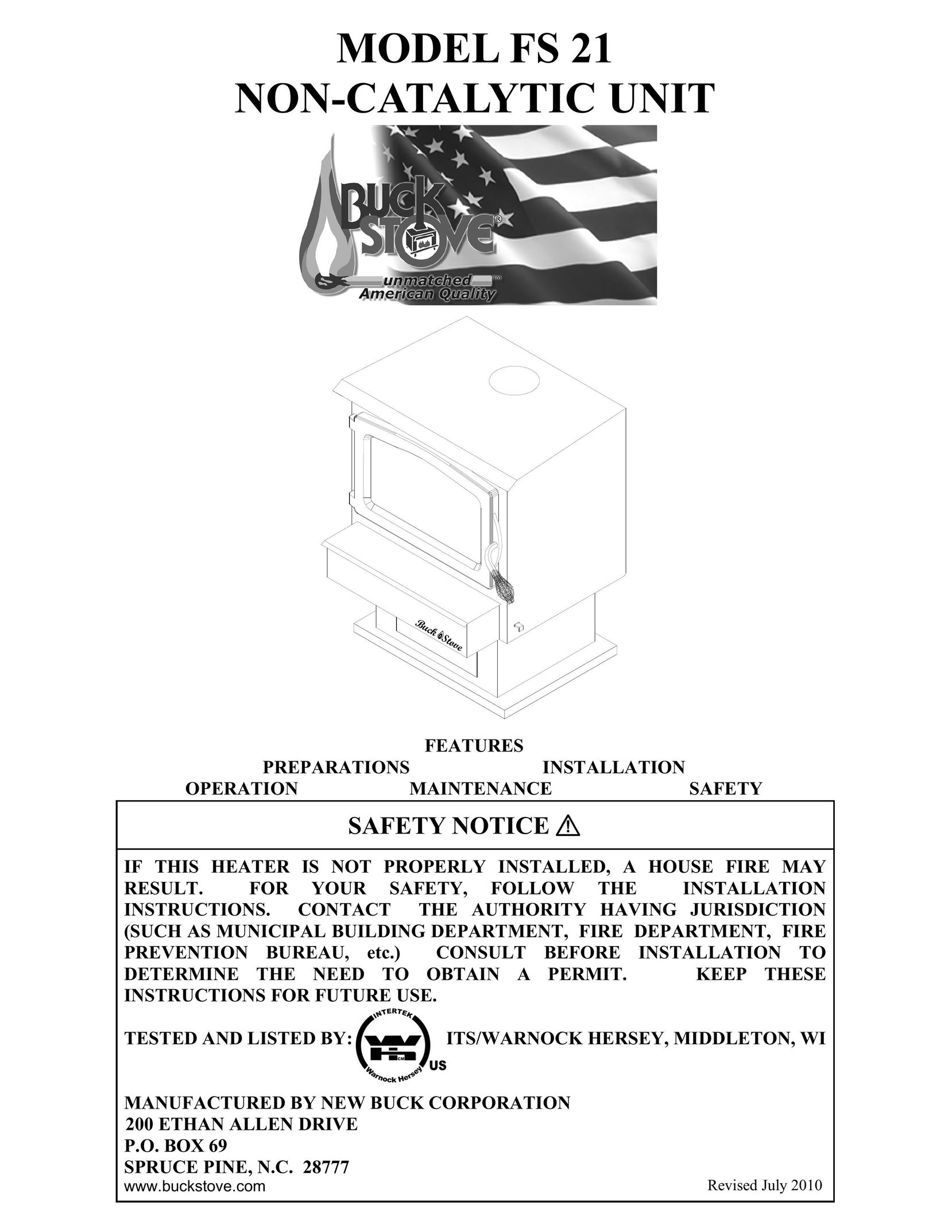 New Buck Corporation FS 21 Stove User Manual