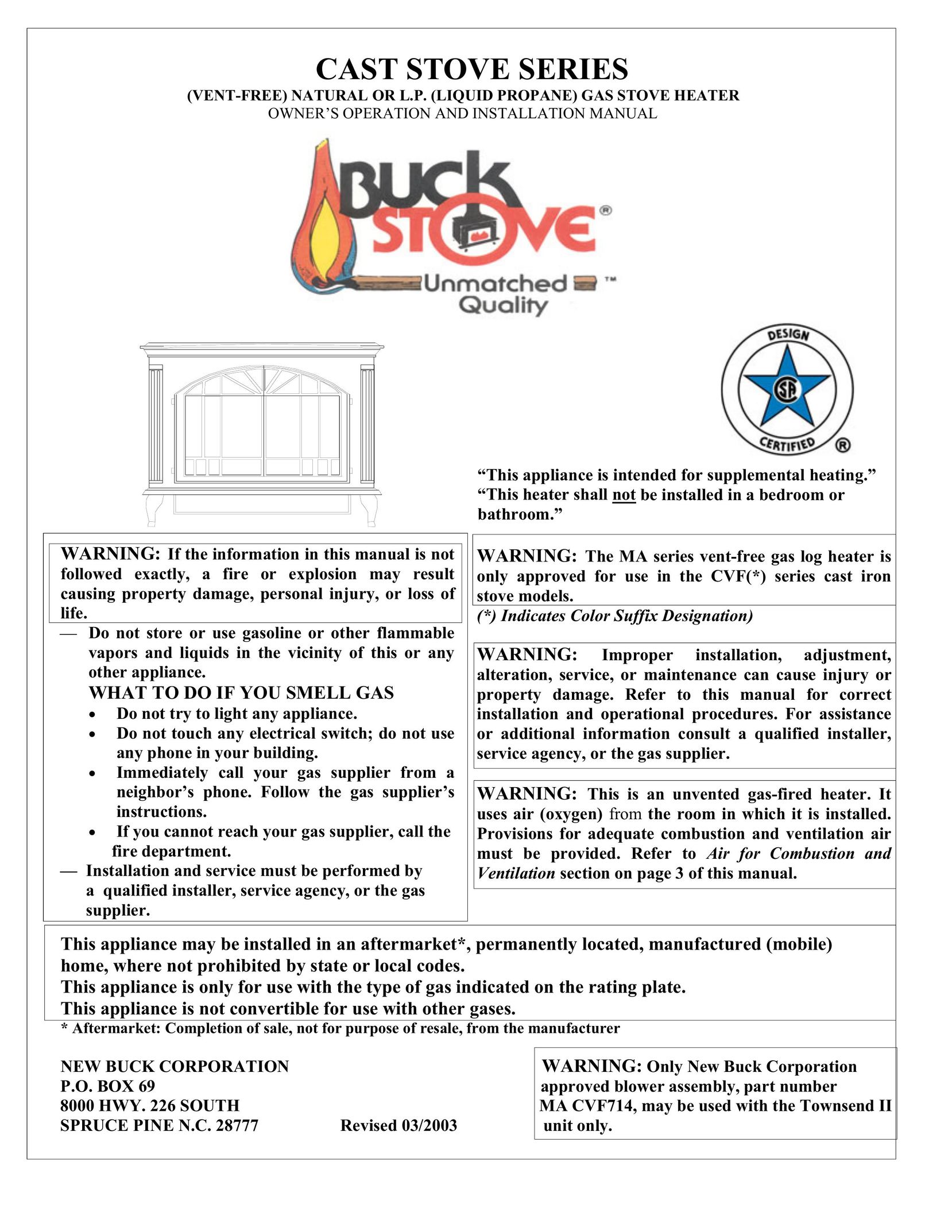 New Buck Corporation GAS STOVE HEATER Stove User Manual