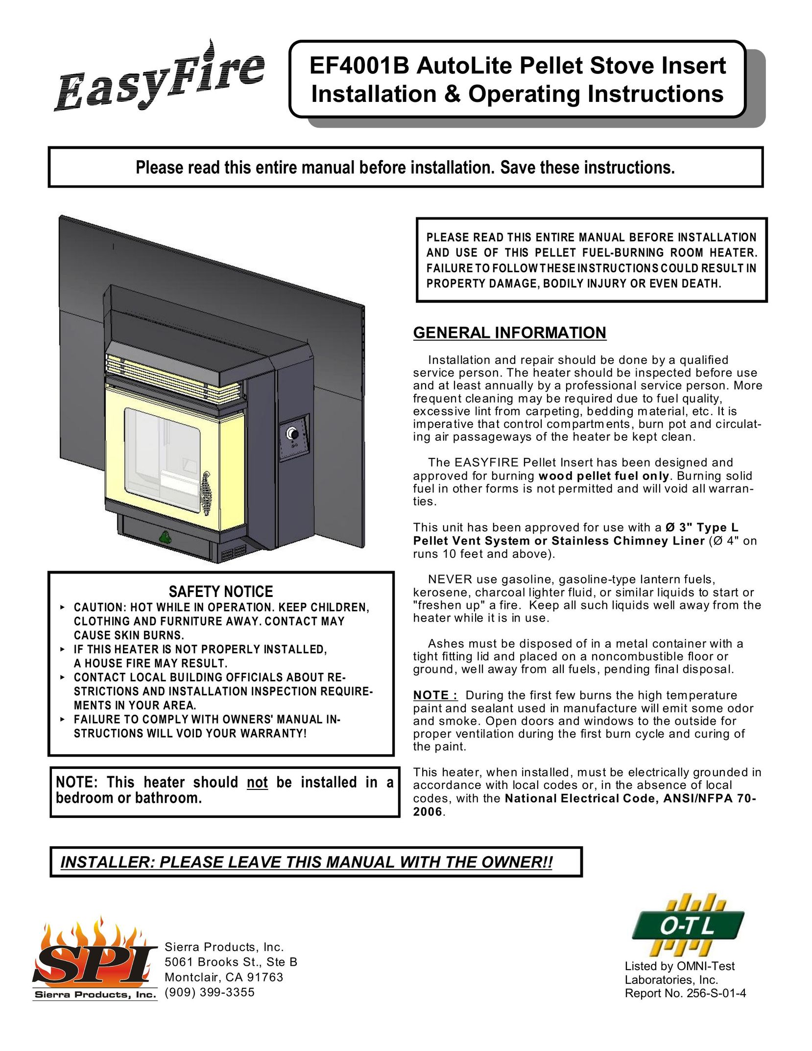 Sierra Products EF-4001B Stove User Manual