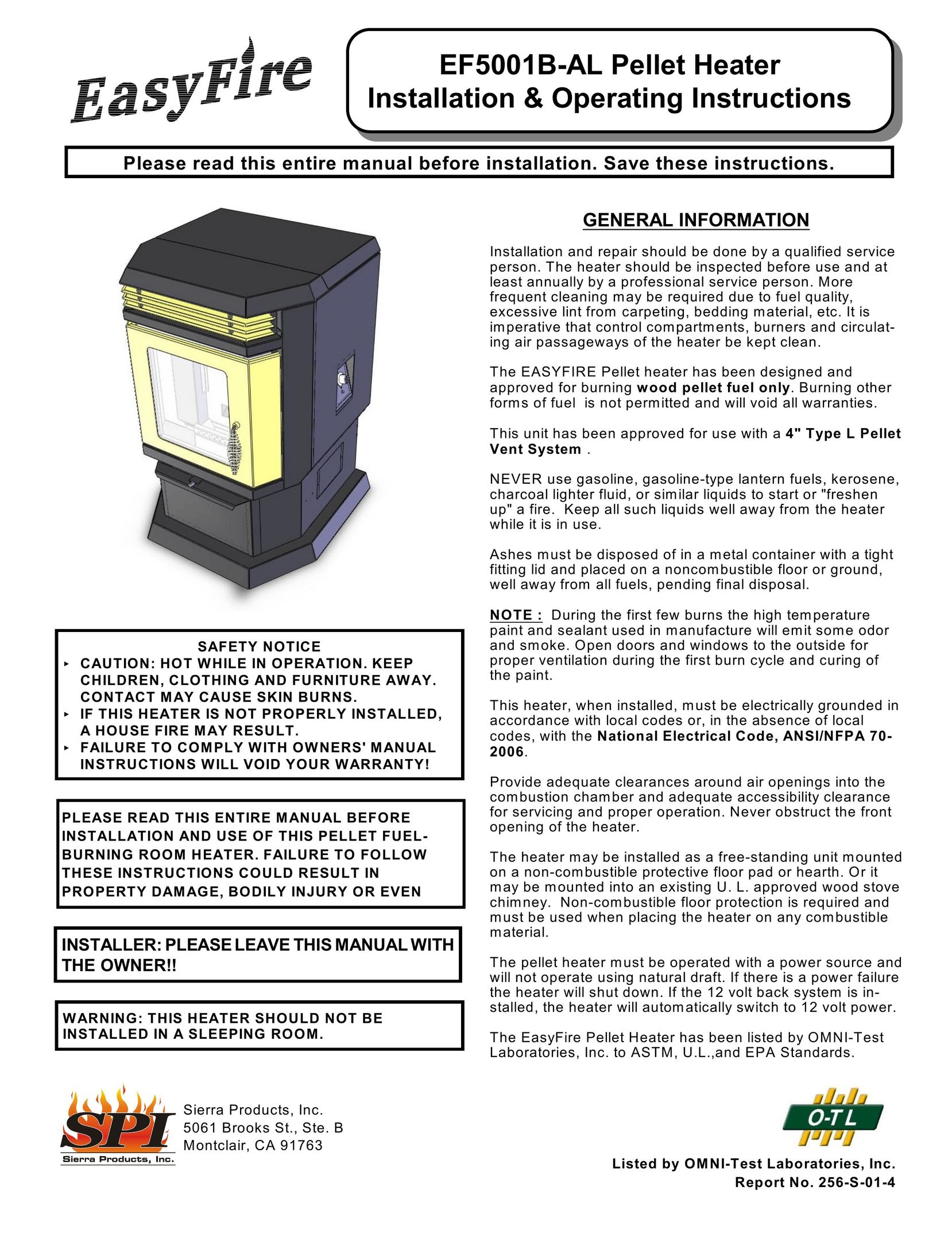 Sierra Products EF5001B-AL Stove User Manual