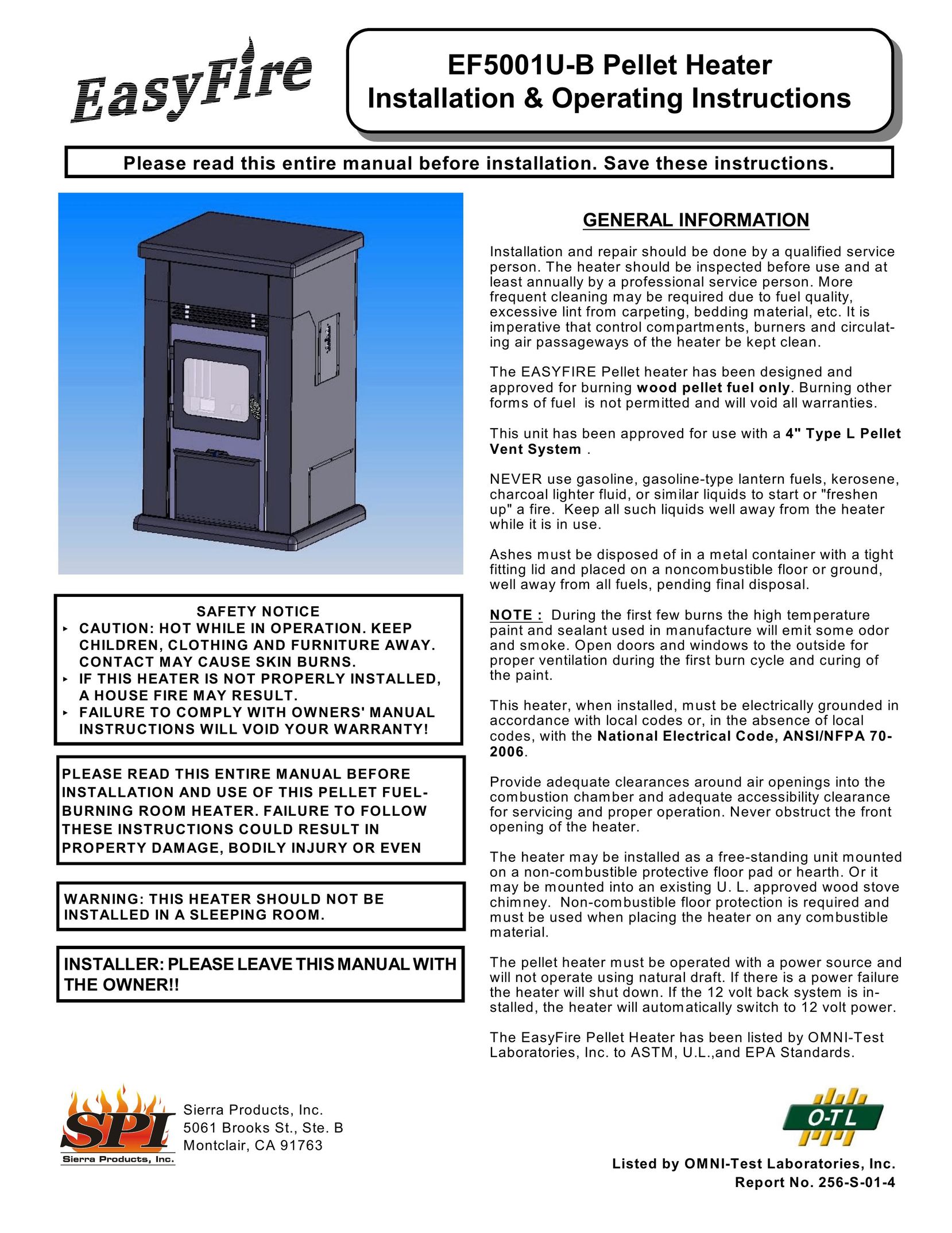 Sierra Products EF5001U Stove User Manual