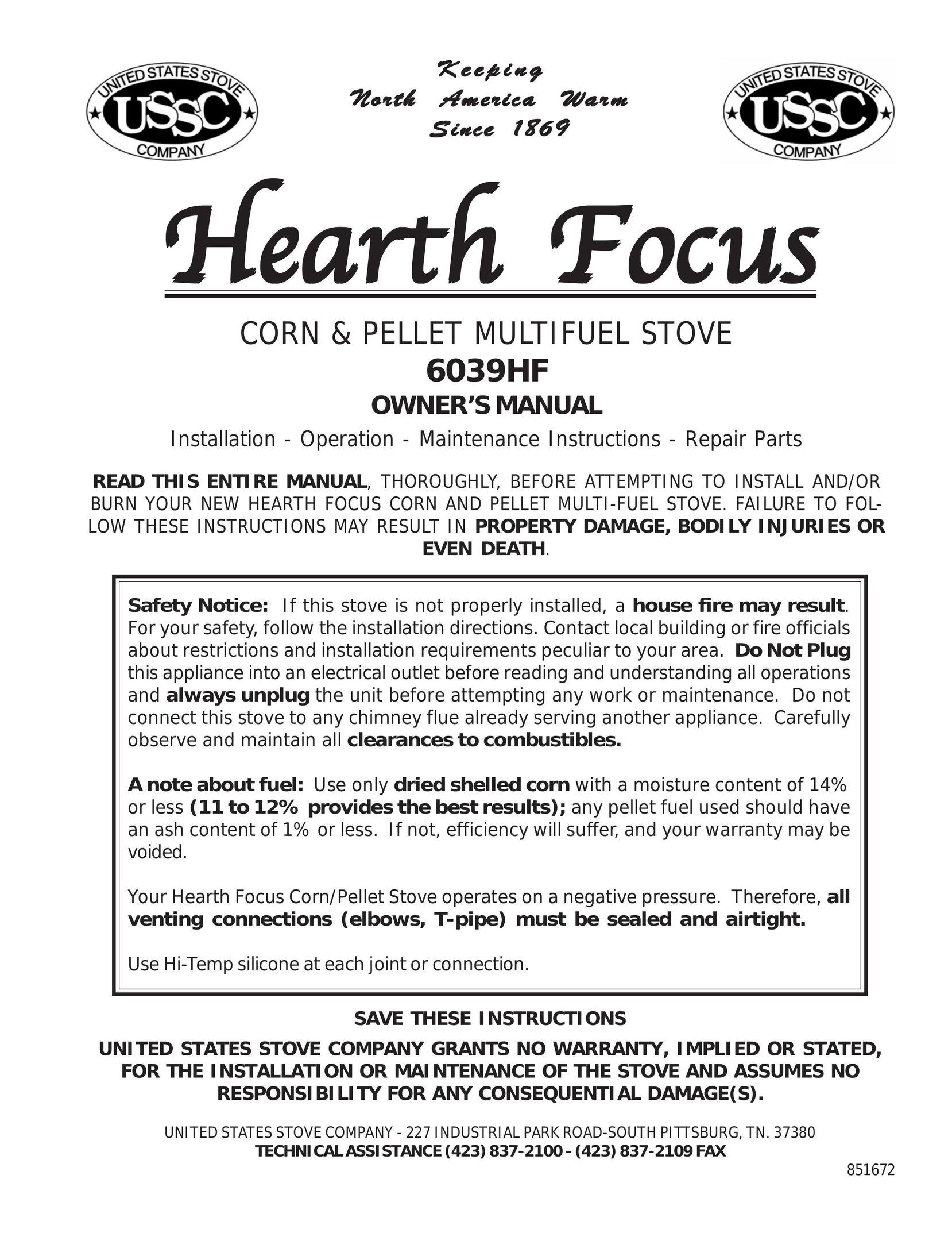 United States Stove 6039HF Stove User Manual