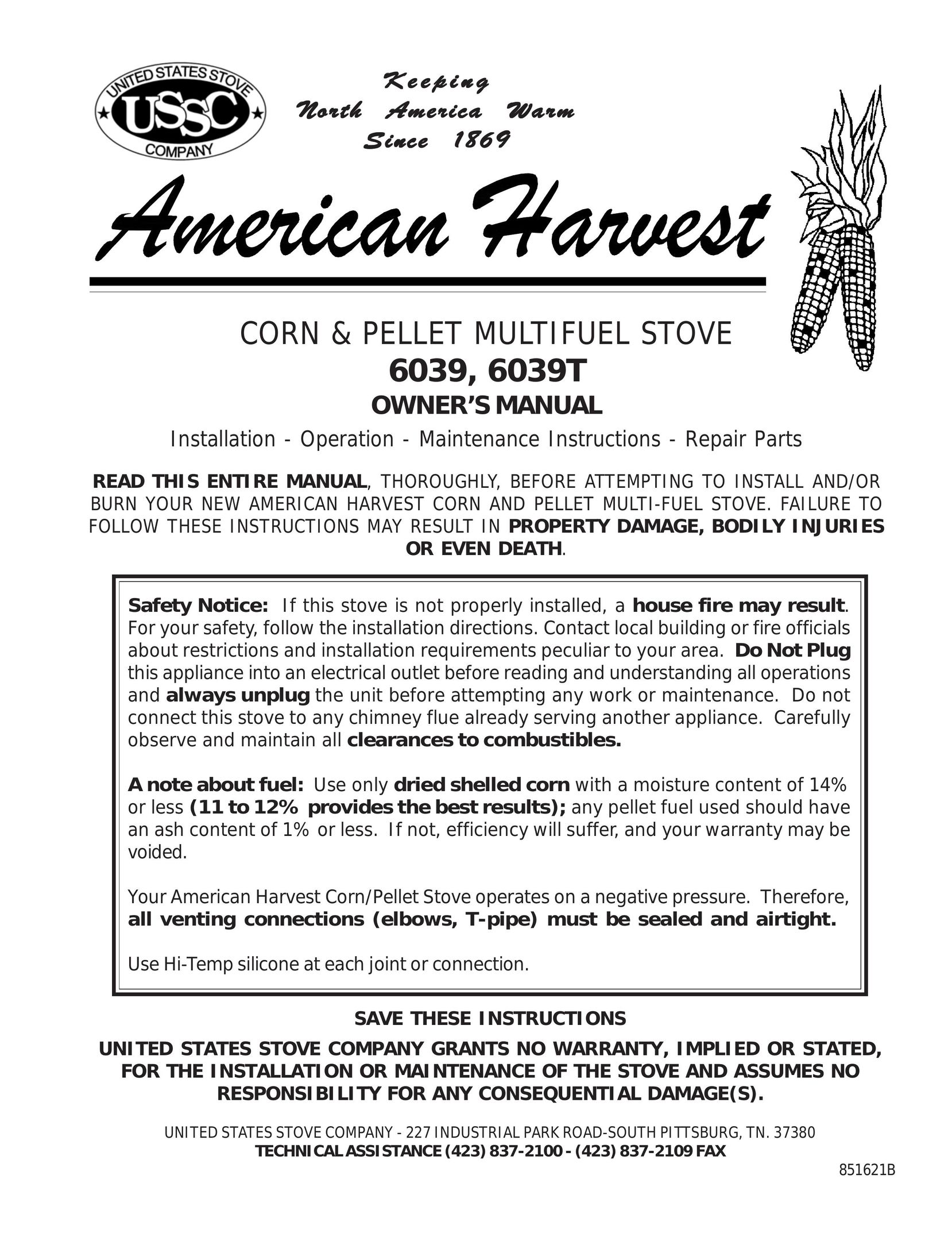 United States Stove 6039T Stove User Manual