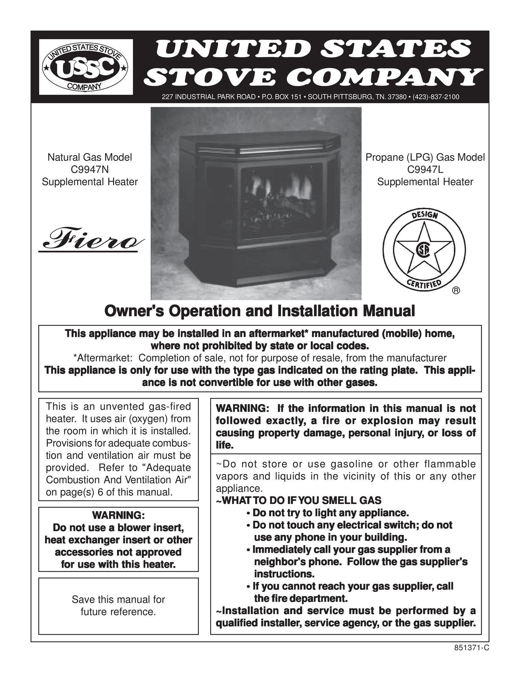 United States Stove 9947 Stove User Manual
