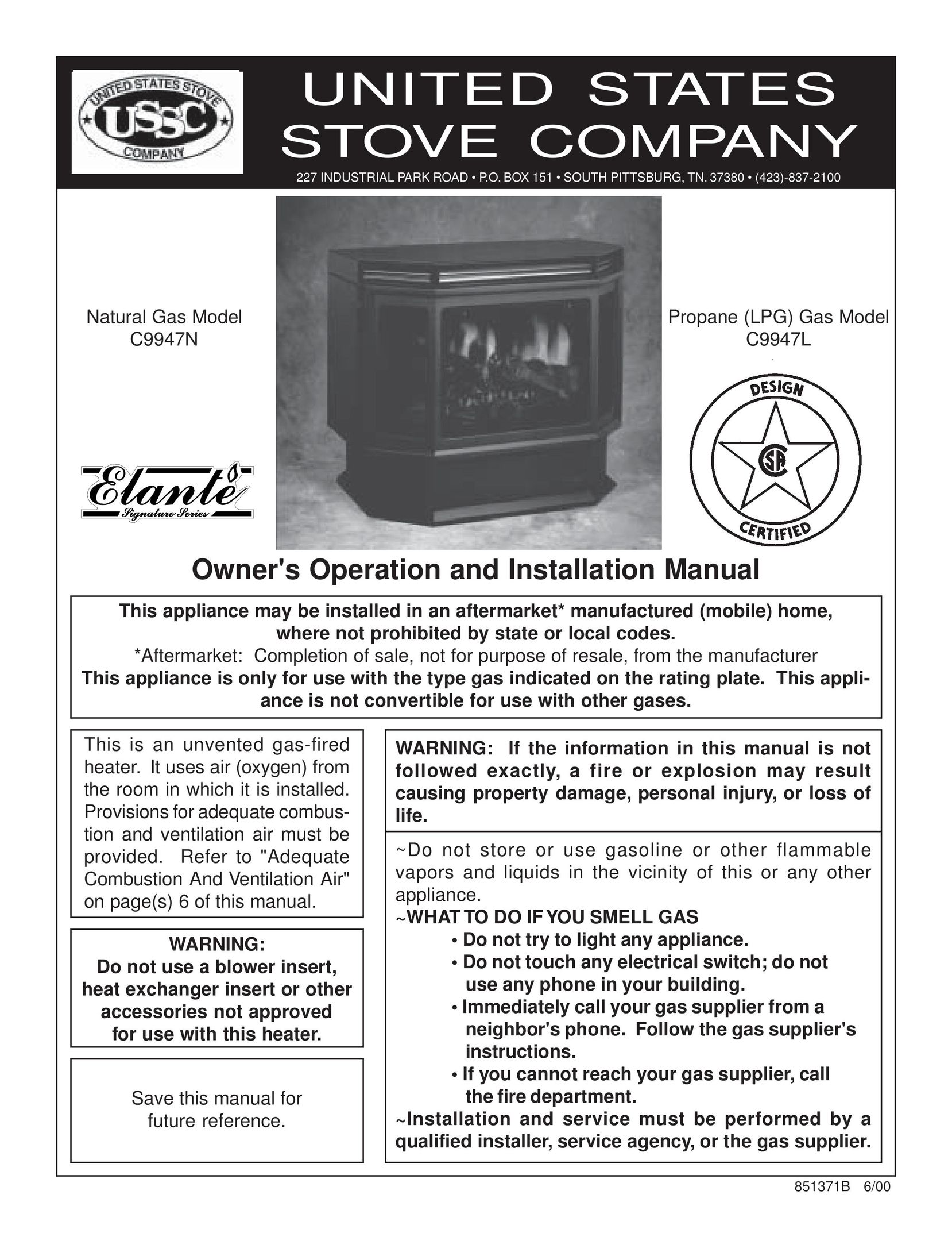 United States Stove C9947L Stove User Manual