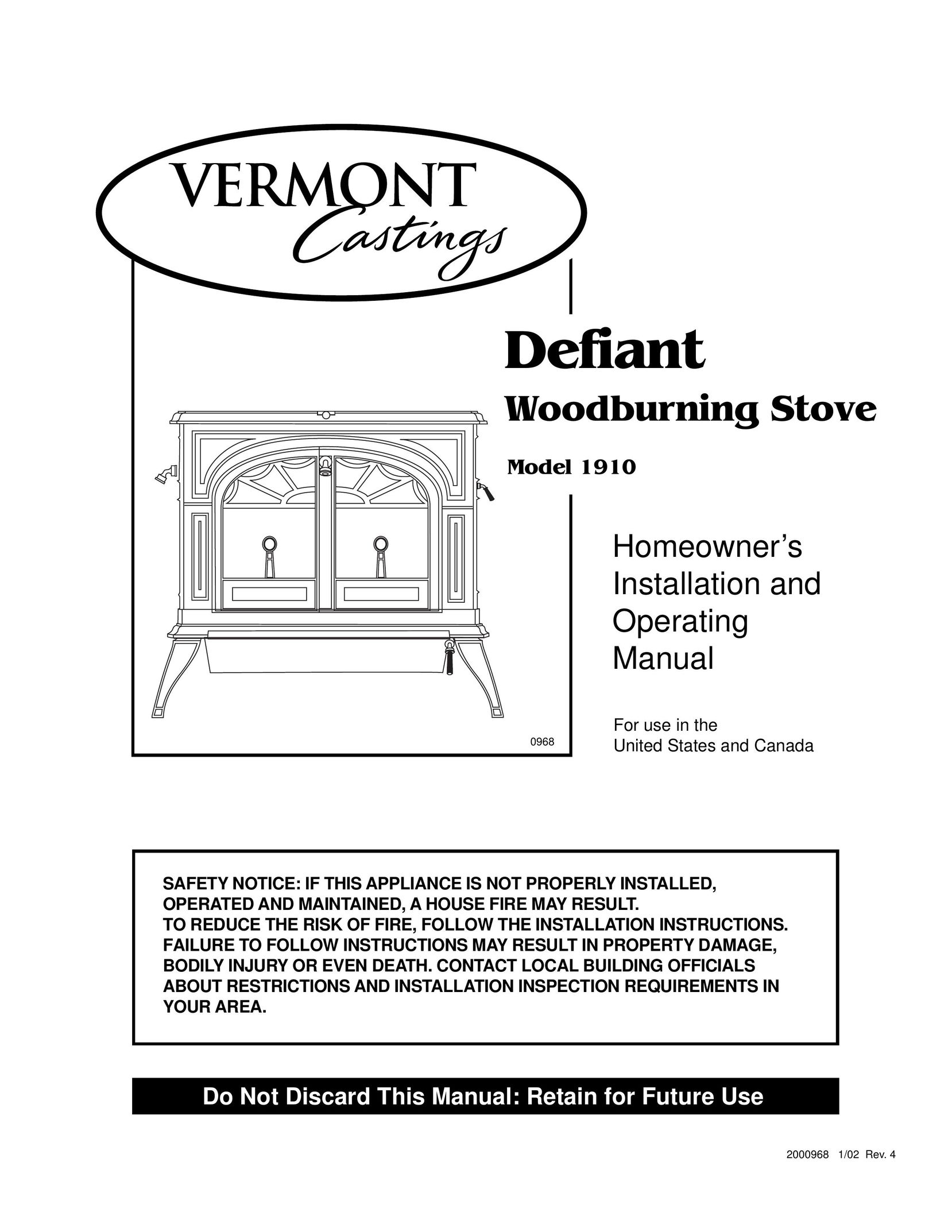 Vermont Casting 1910 Stove User Manual