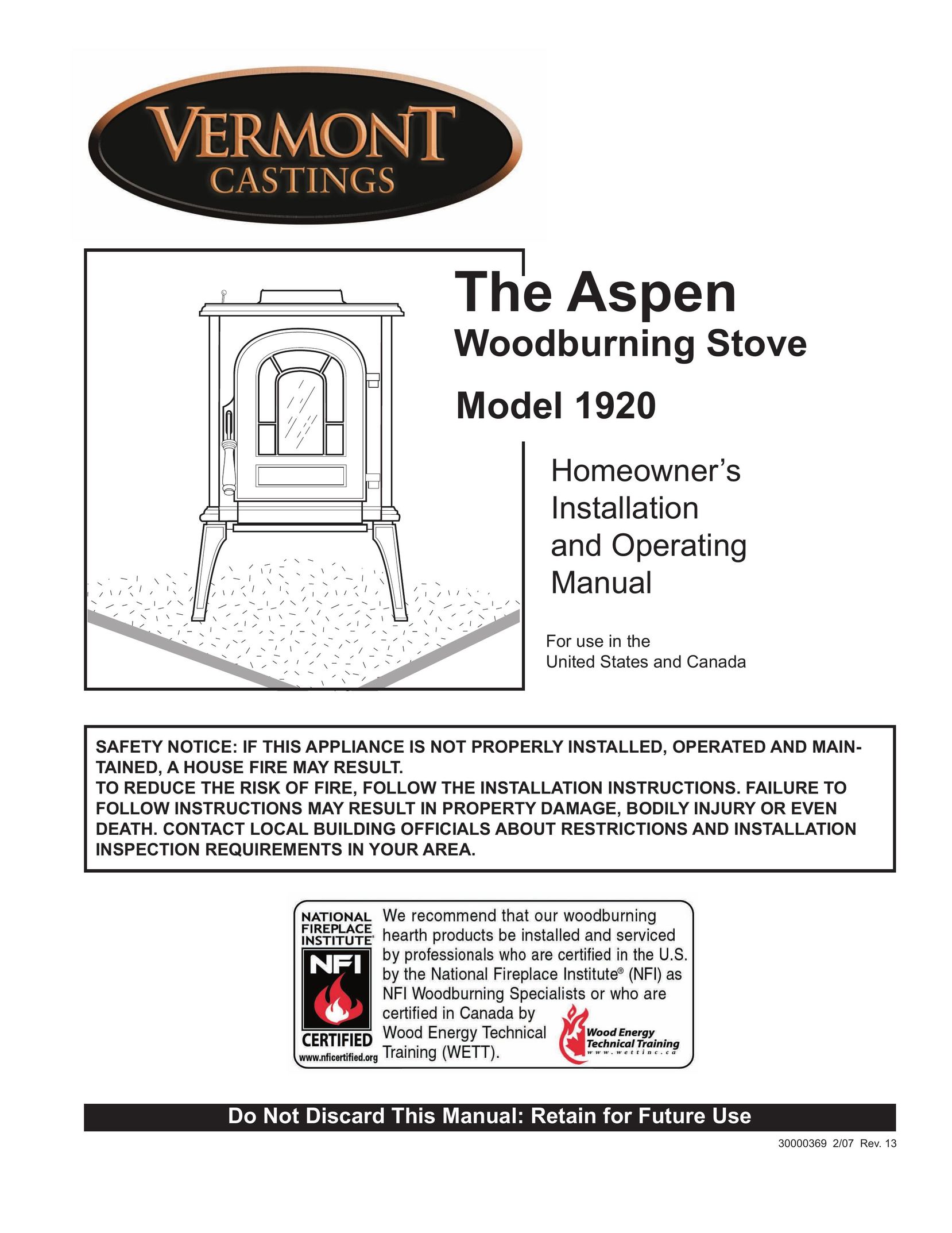 Vermont Casting 1920 Stove User Manual
