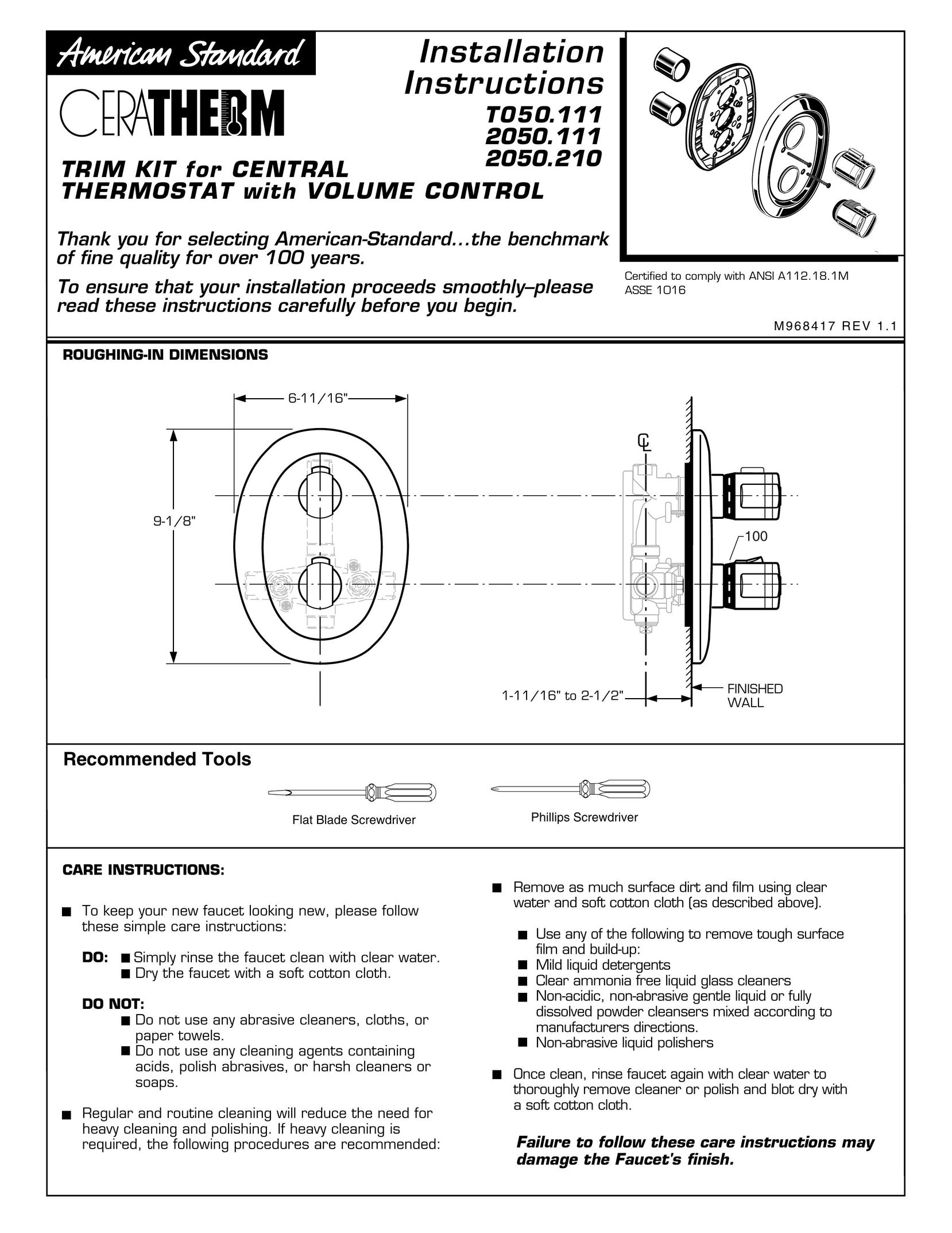 American Standard 2050.111 Thermostat User Manual
