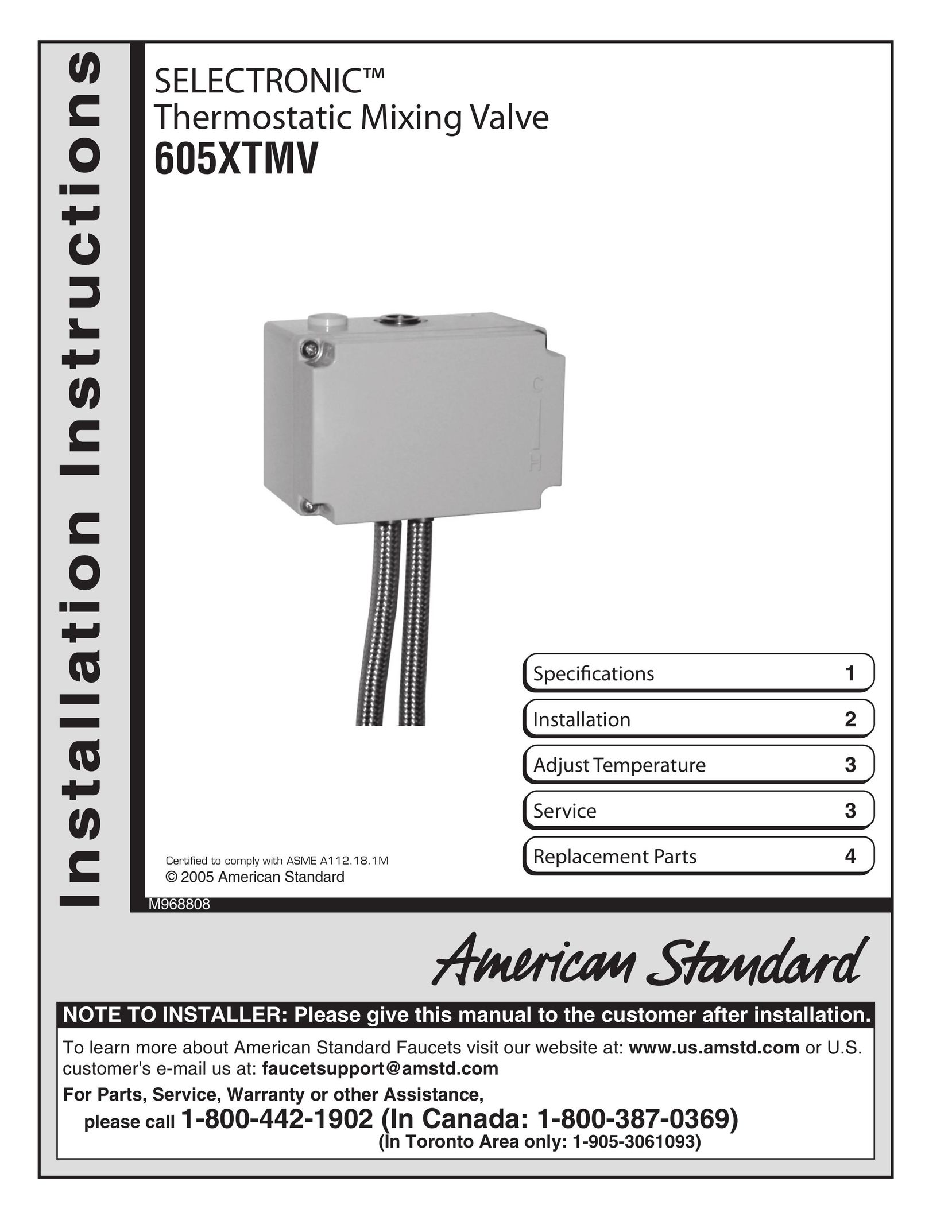 American Standard 605XTMV Thermostat User Manual