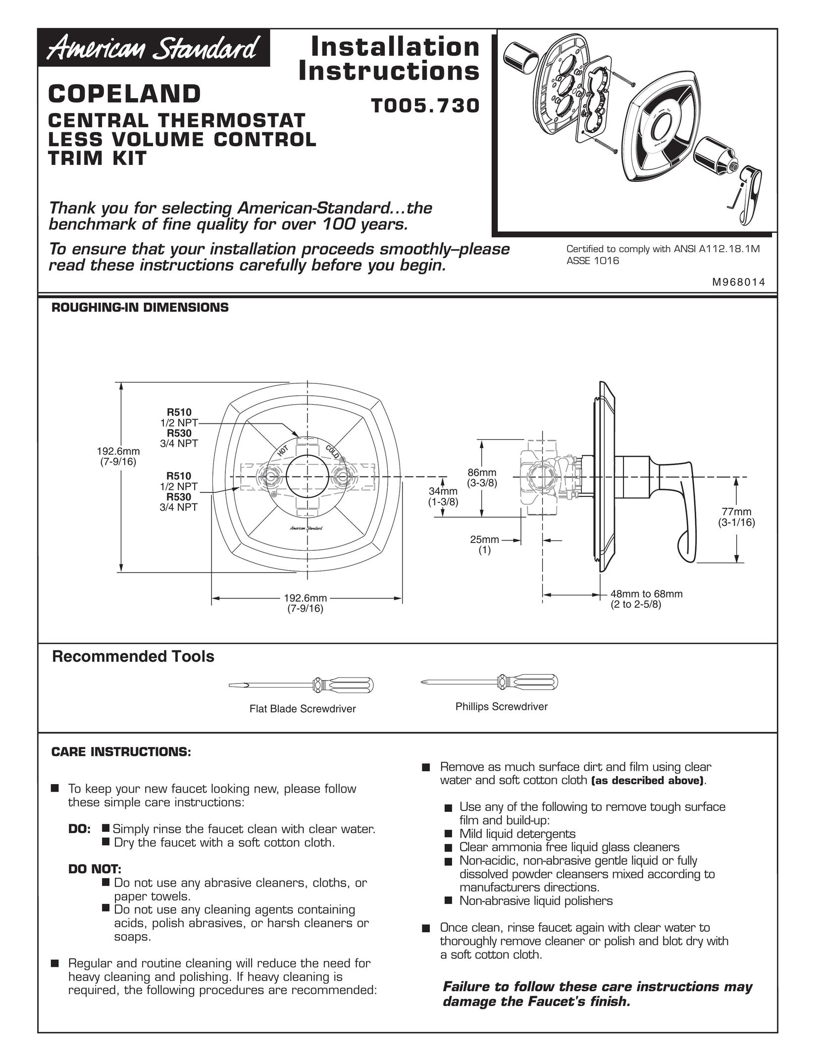 American Standard T005.730 Thermostat User Manual