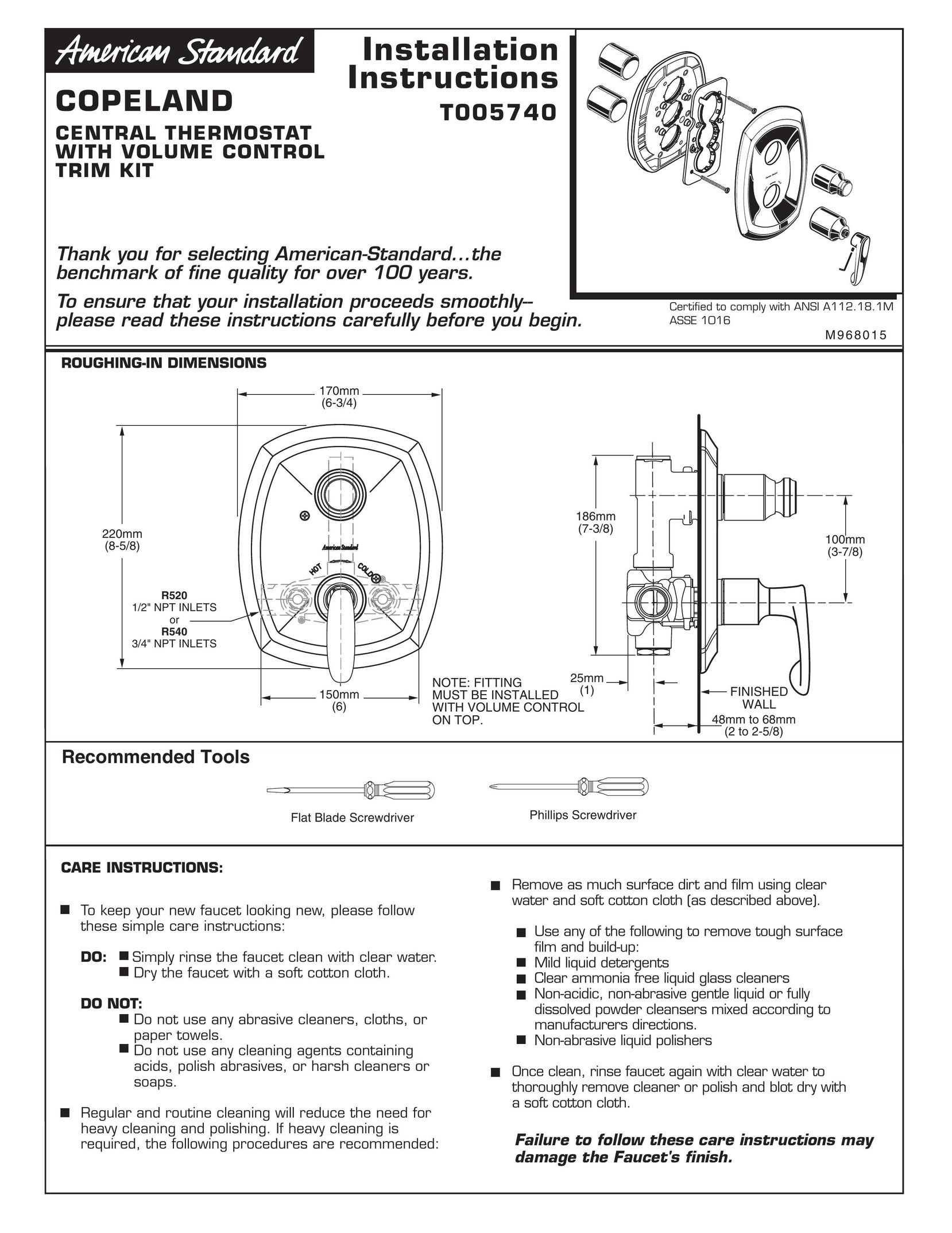 American Standard T005740 Thermostat User Manual