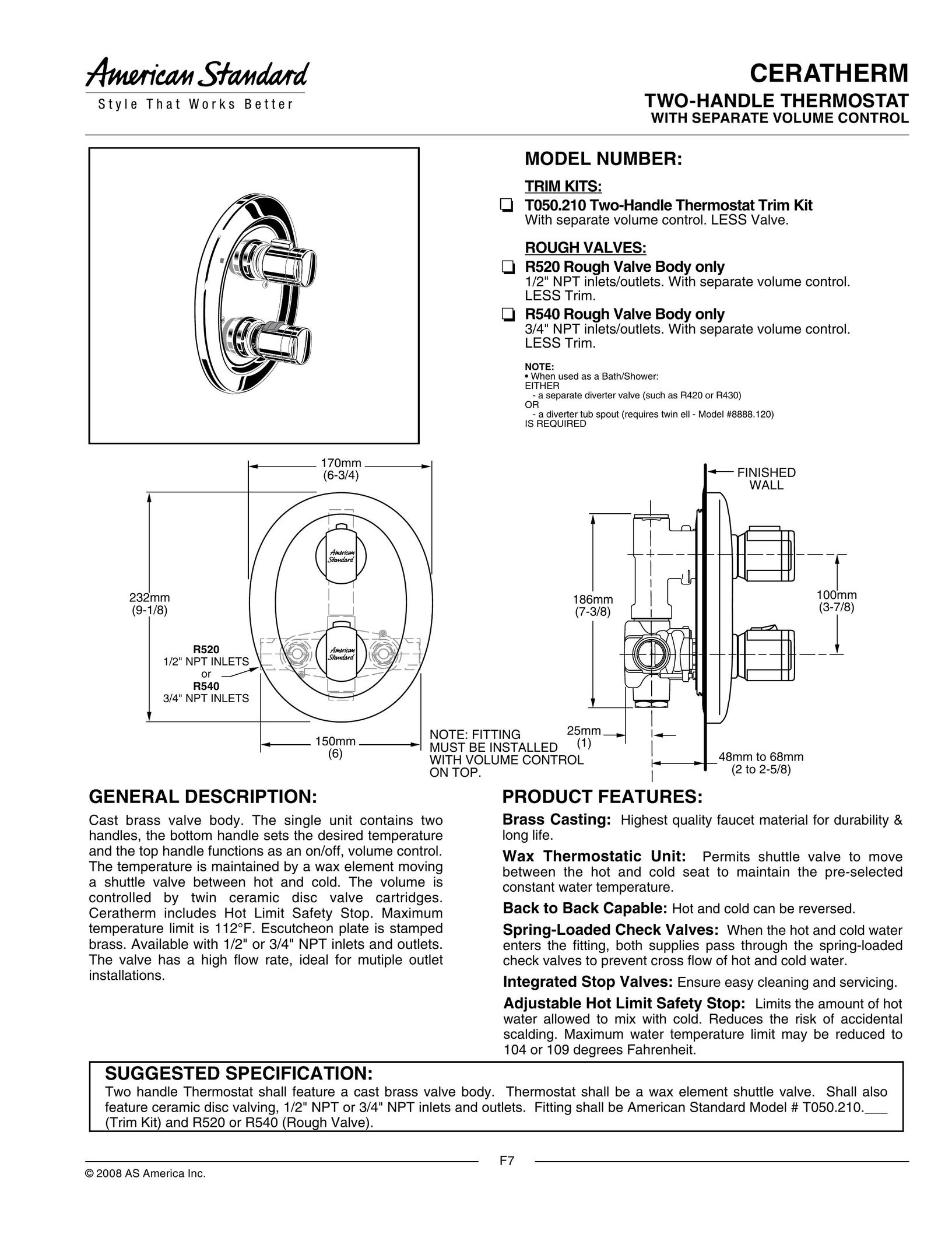 American Standard T050.210 Thermostat User Manual