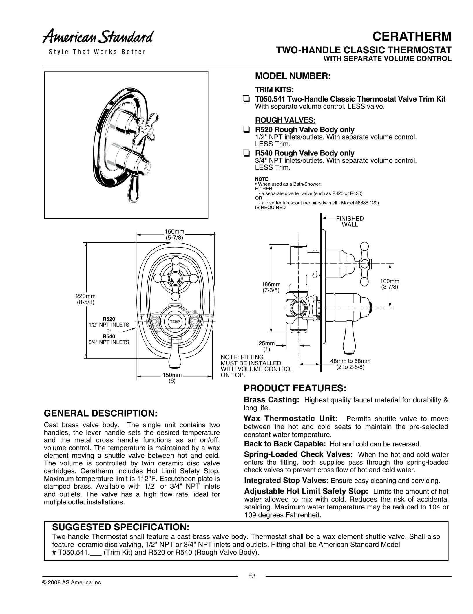 American Standard T050.541 Thermostat User Manual