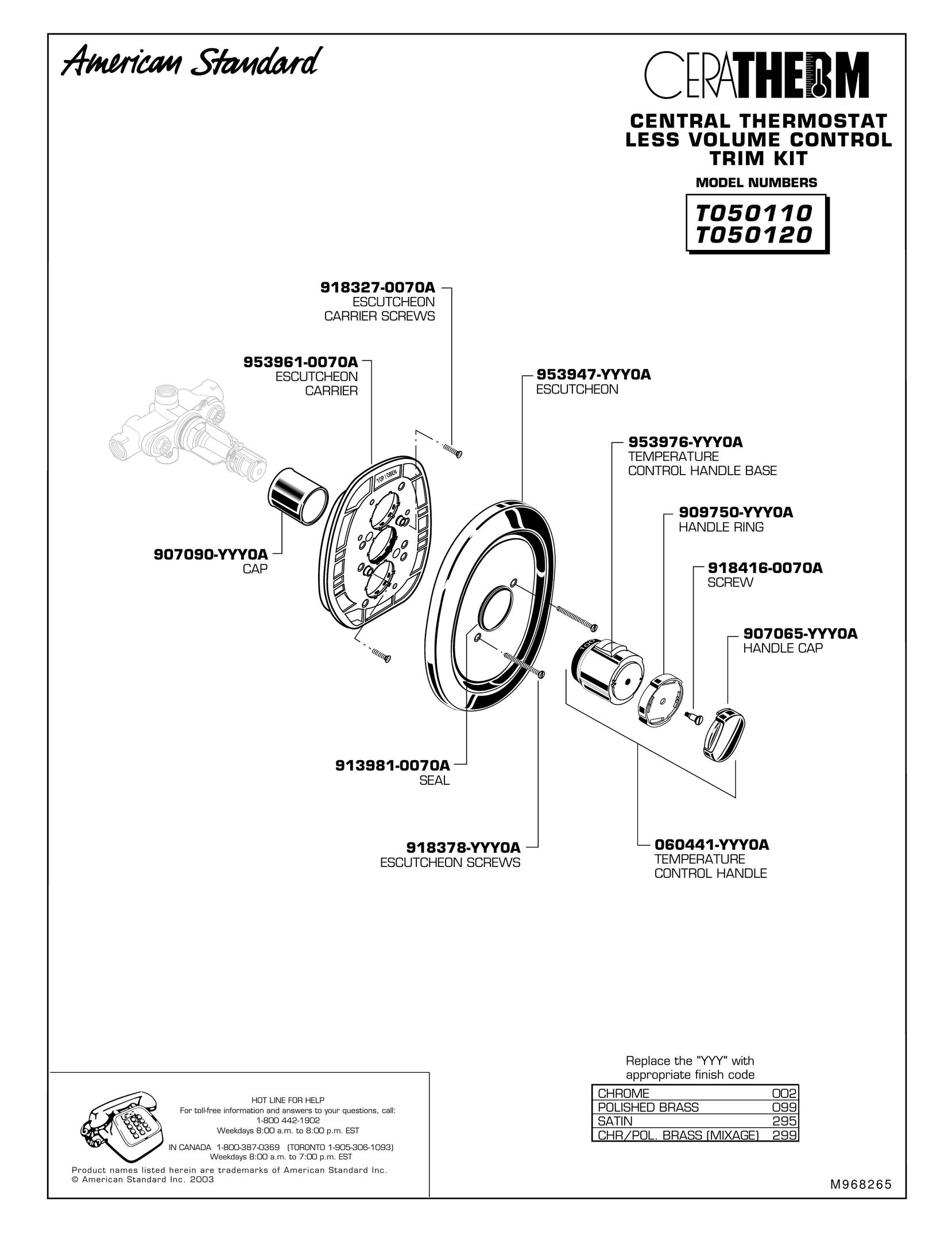 American Standard T050120 Thermostat User Manual