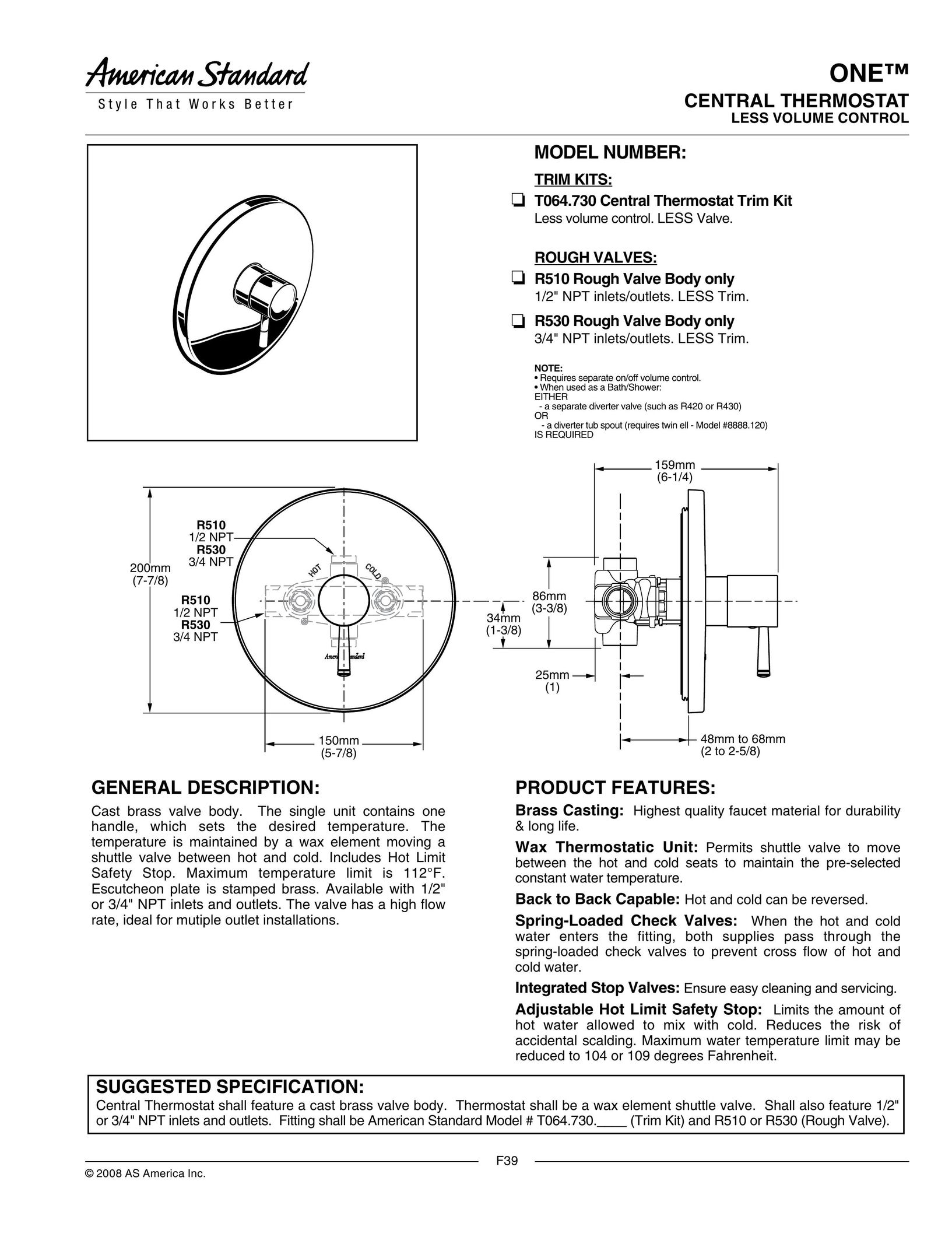 American Standard T064.730 Thermostat User Manual
