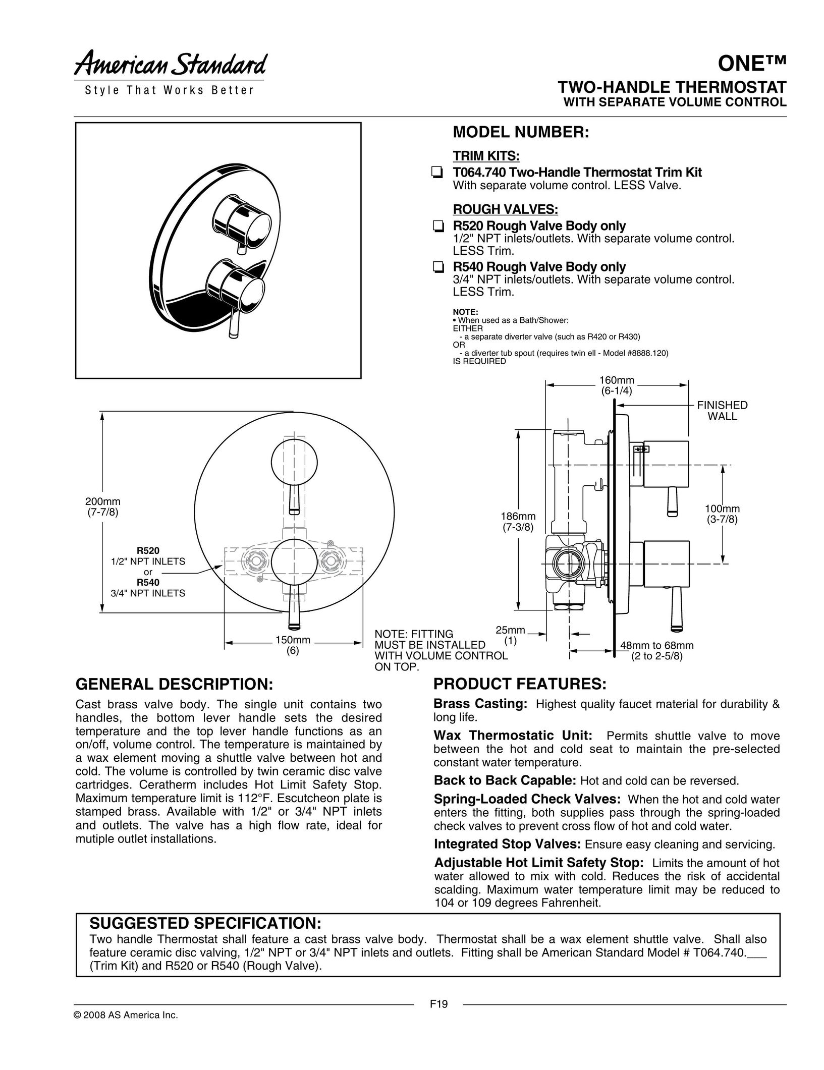 American Standard T064.740 Thermostat User Manual
