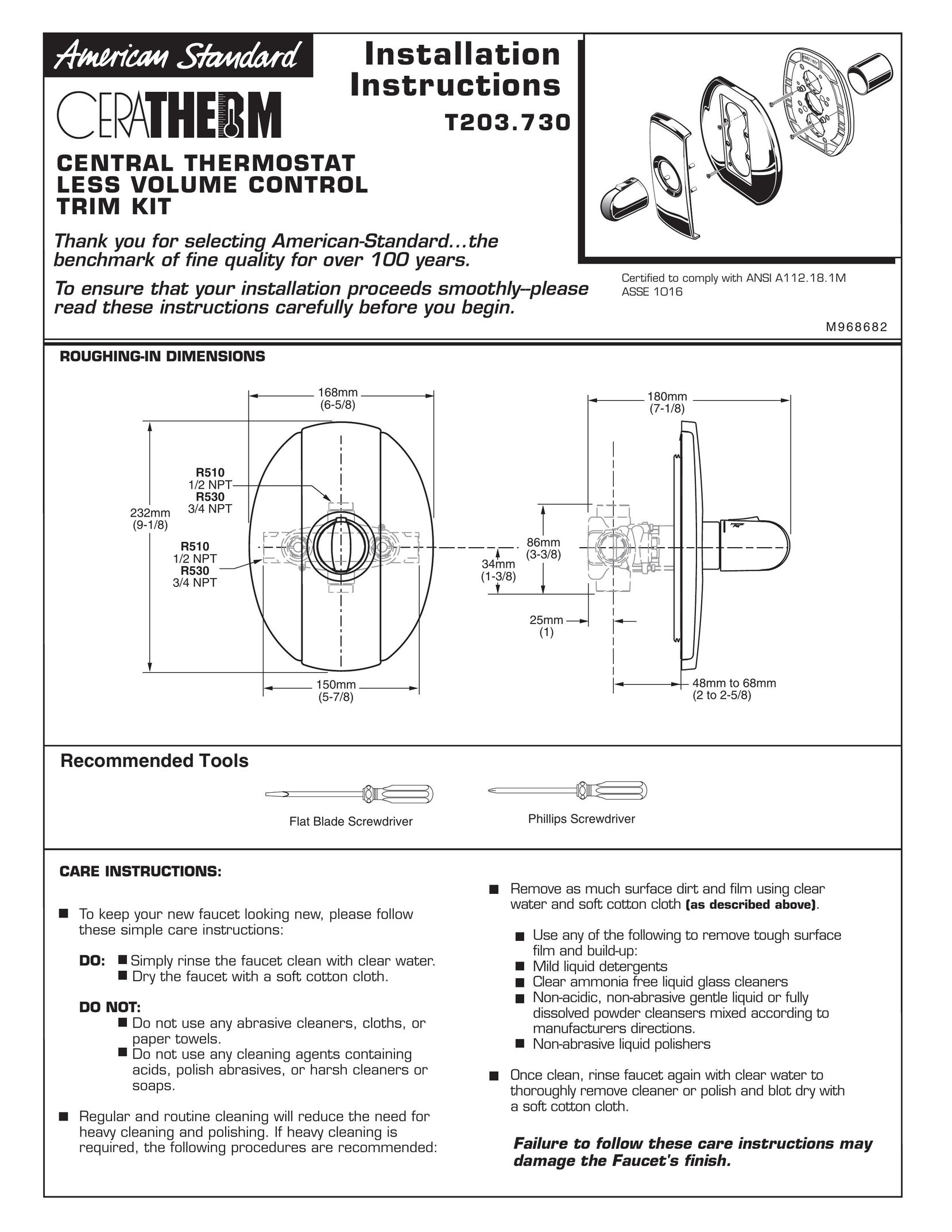 American Standard T203.730 Thermostat User Manual
