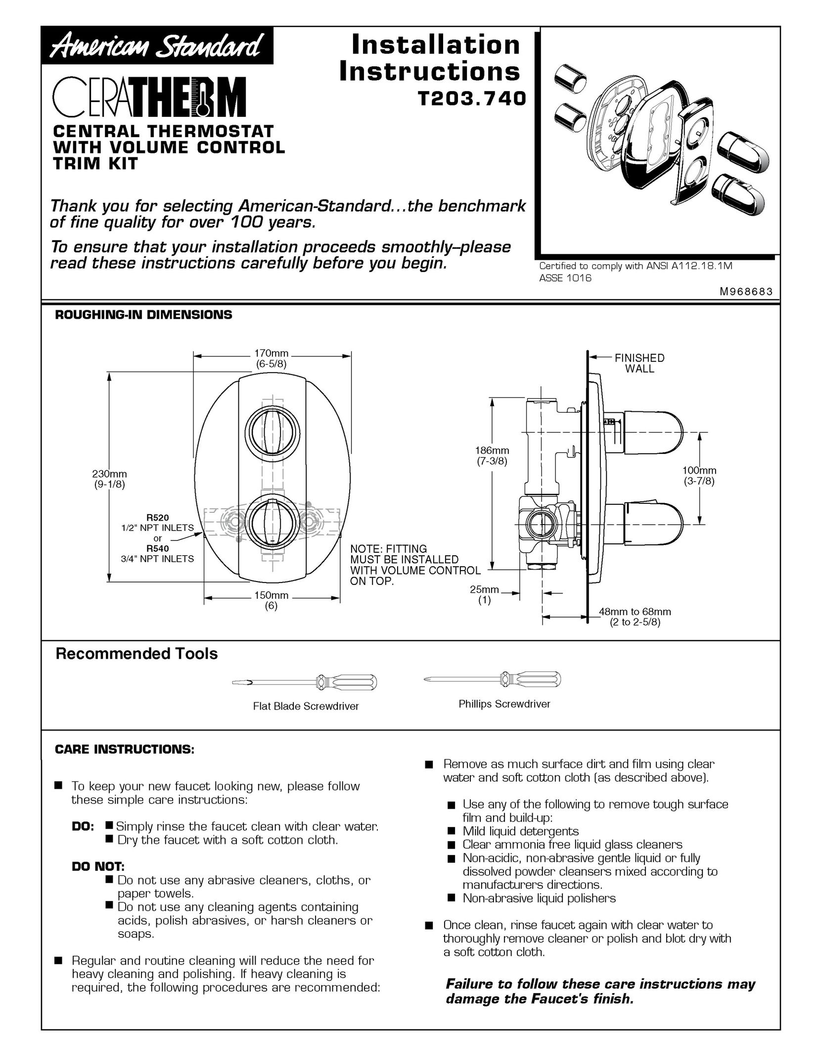 American Standard T203.740 Thermostat User Manual