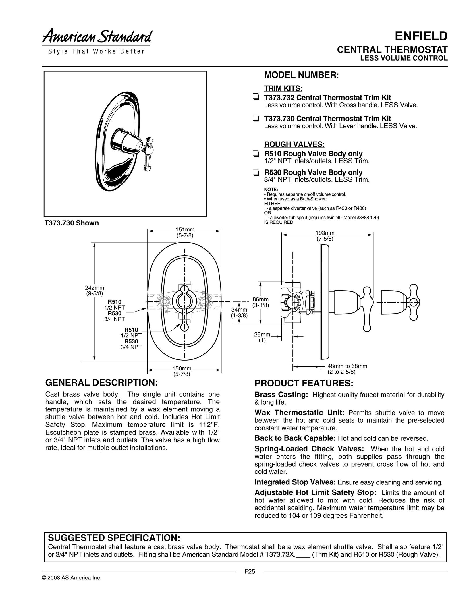 American Standard T373.730 Thermostat User Manual