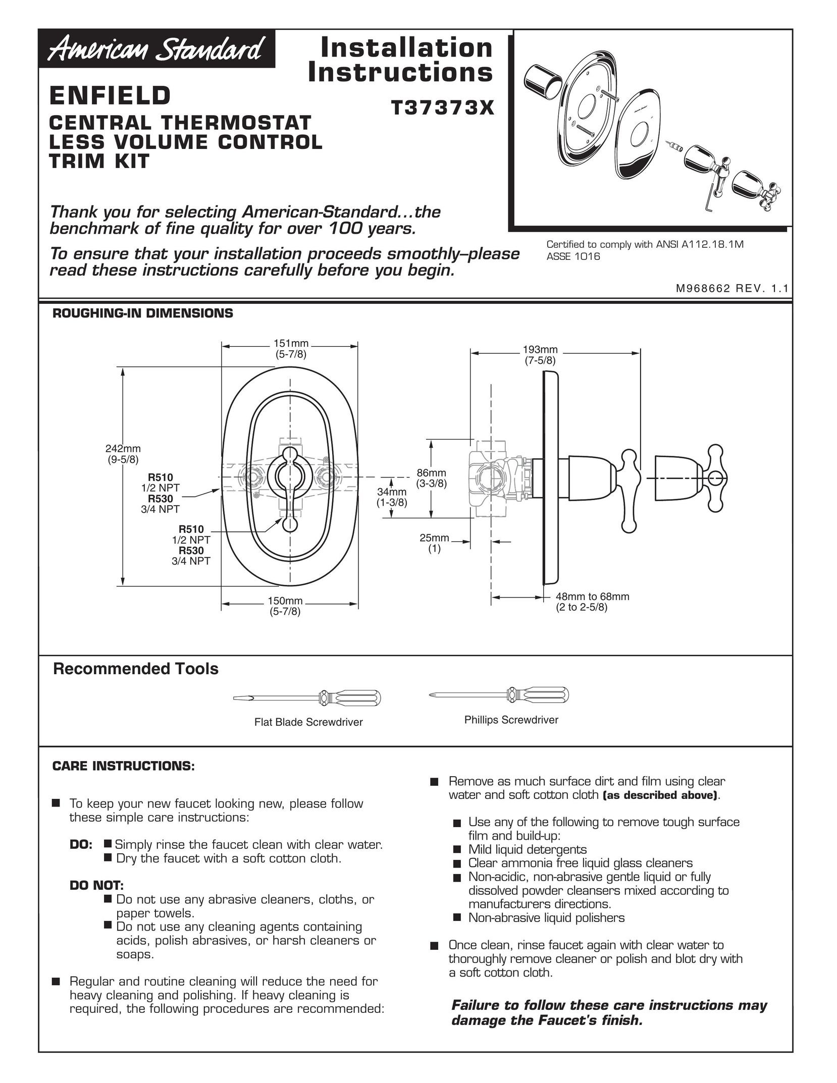 American Standard T37373X Thermostat User Manual
